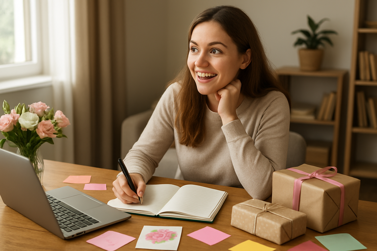 Create a realistic image of a young white female sitting at a desk with a laptop open, writing notes in a notebook while looking excited and thoughtful, surrounded by Mother's Day planning materials including wrapped gift boxes, fresh flowers, greeting cards, and colorful sticky notes scattered on the wooden desk surface, with a cozy home office background featuring soft natural lighting from a nearby window, capturing the anticipation and joy of planning a surprise celebration, absolutely NO text should be in the scene.