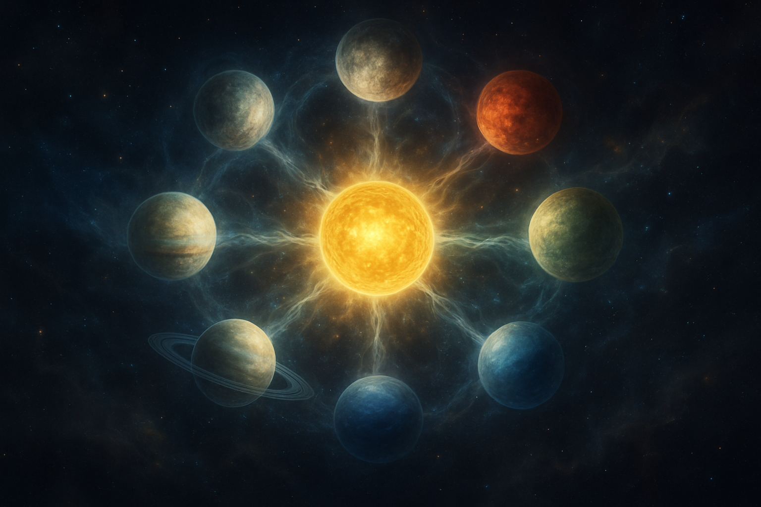 9 கிரகங்களும் கேதுவும்: அதிர்ச்சி பலன்கள் Create a realistic image of nine celestial orbs representing planets arranged in a cosmic formation against a deep starry space background, each orb glowing with distinct colors - golden sun in the center, silver moon, red Mars, green Mercury, yellow Jupiter, white Venus, dark blue Saturn, pale blue Ranus, and deep blue Neptune, with mystical energy waves and light beams radiating between them, creating an ethereal and powerful cosmic scene with nebula clouds and twinkling stars, soft ambient lighting illuminating the celestial bodies, conveying a sense of ancient wisdom and cosmic power, absolutely NO text should be in the scene.
