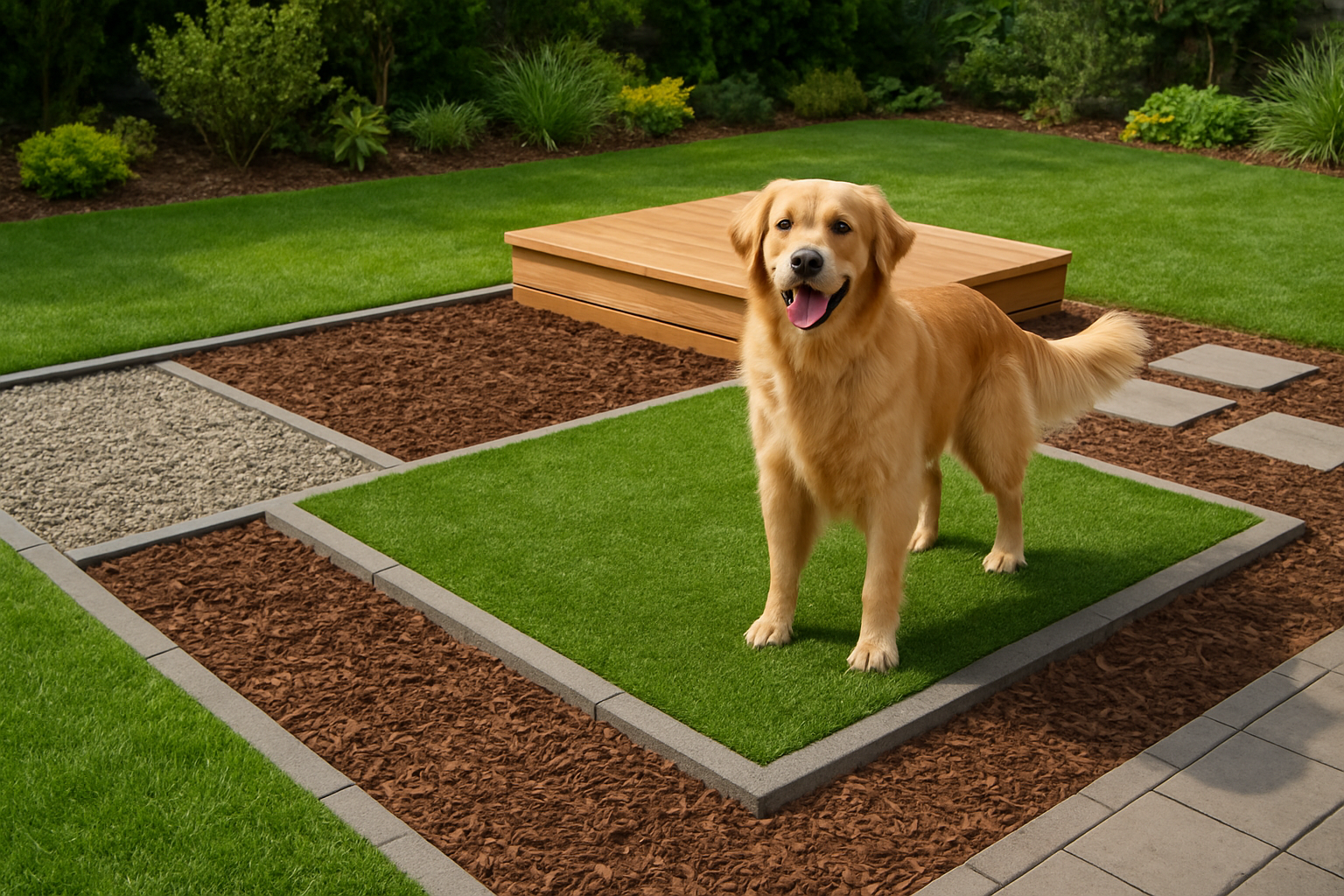 Create a realistic image of a well-designed backyard showcasing multiple dog potty area solutions in one cohesive space, featuring a happy golden retriever standing on artificial grass next to sections of gravel, mulch, and paver stones, with a raised wooden platform visible in the background, surrounded by a lush green lawn and garden borders, captured in bright natural daylight with soft shadows creating a welcoming and practical outdoor environment. Absolutely NO text should be in the scene.