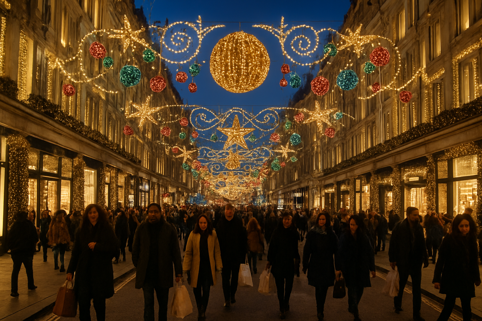 Create a realistic image of Oxford Street and Regent Street in London during Christmas time, featuring elaborate and colorful Christmas light displays spanning across the busy shopping streets, with decorated storefronts, glowing ornaments and festive illuminations creating a magical nighttime atmosphere, bustling crowds of diverse shoppers including white and black males and females walking along the sidewalks carrying shopping bags, iconic London architecture and shop facades illuminated by the warm golden glow of Christmas lights, with a clear winter evening sky as the backdrop, absolutely NO text should be in the scene.