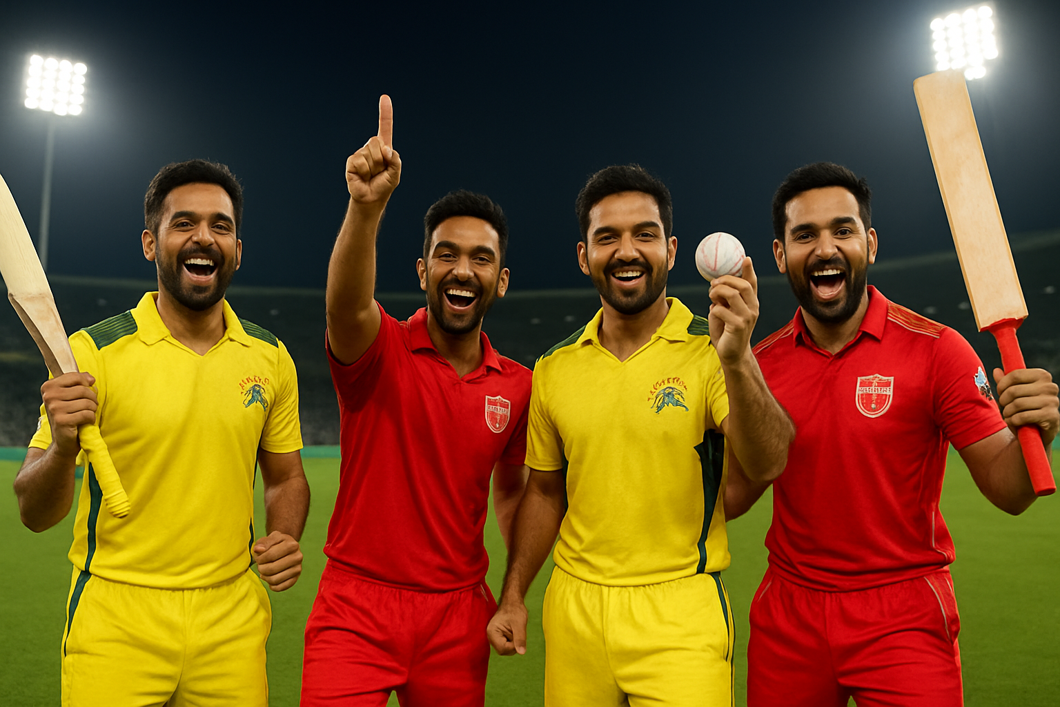 Create a realistic image of cricket players from Chennai Super Kings and Punjab Kings teams celebrating individual achievements on a cricket field, featuring South Asian male cricketers in their respective team jerseys (yellow for CSK, red for PBKS), with some players holding cricket bats and balls, stadium floodlights illuminating the scene in the background, excited expressions showing personal accomplishments, green cricket pitch surface, and cheerful celebratory mood, absolutely NO text should be in the scene.