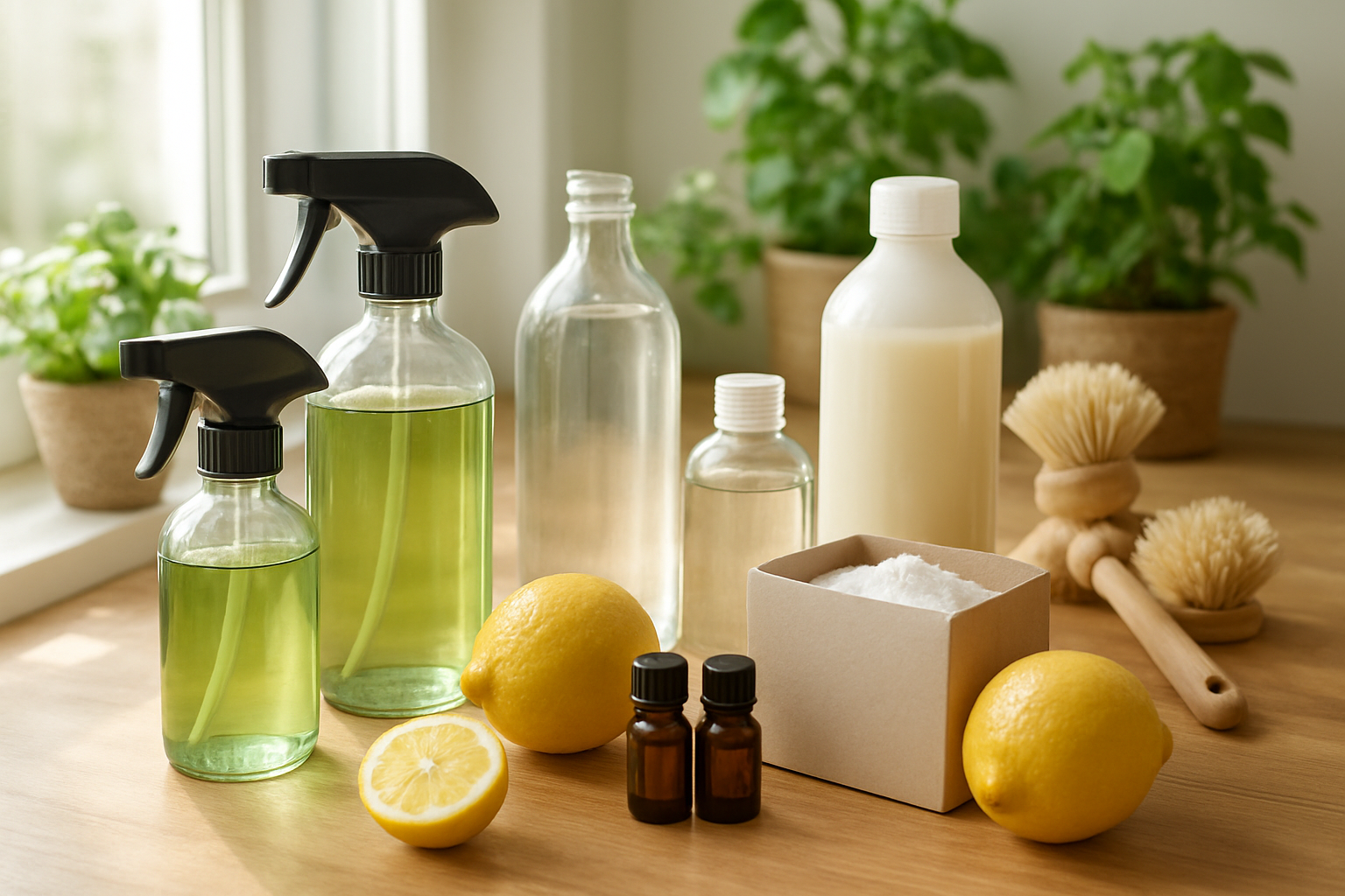 Create a realistic image of various natural cleaning products arranged on a clean wooden kitchen counter, including glass spray bottles with green and amber liquids, white vinegar bottles, baking soda boxes, essential oil bottles, castile soap containers, and lemons, with soft natural lighting streaming through a nearby window creating a bright and fresh atmosphere, surrounded by green plants and wooden cleaning brushes, conveying a sense of eco-friendly and health-conscious cleaning choices, absolutely NO text should be in the scene.