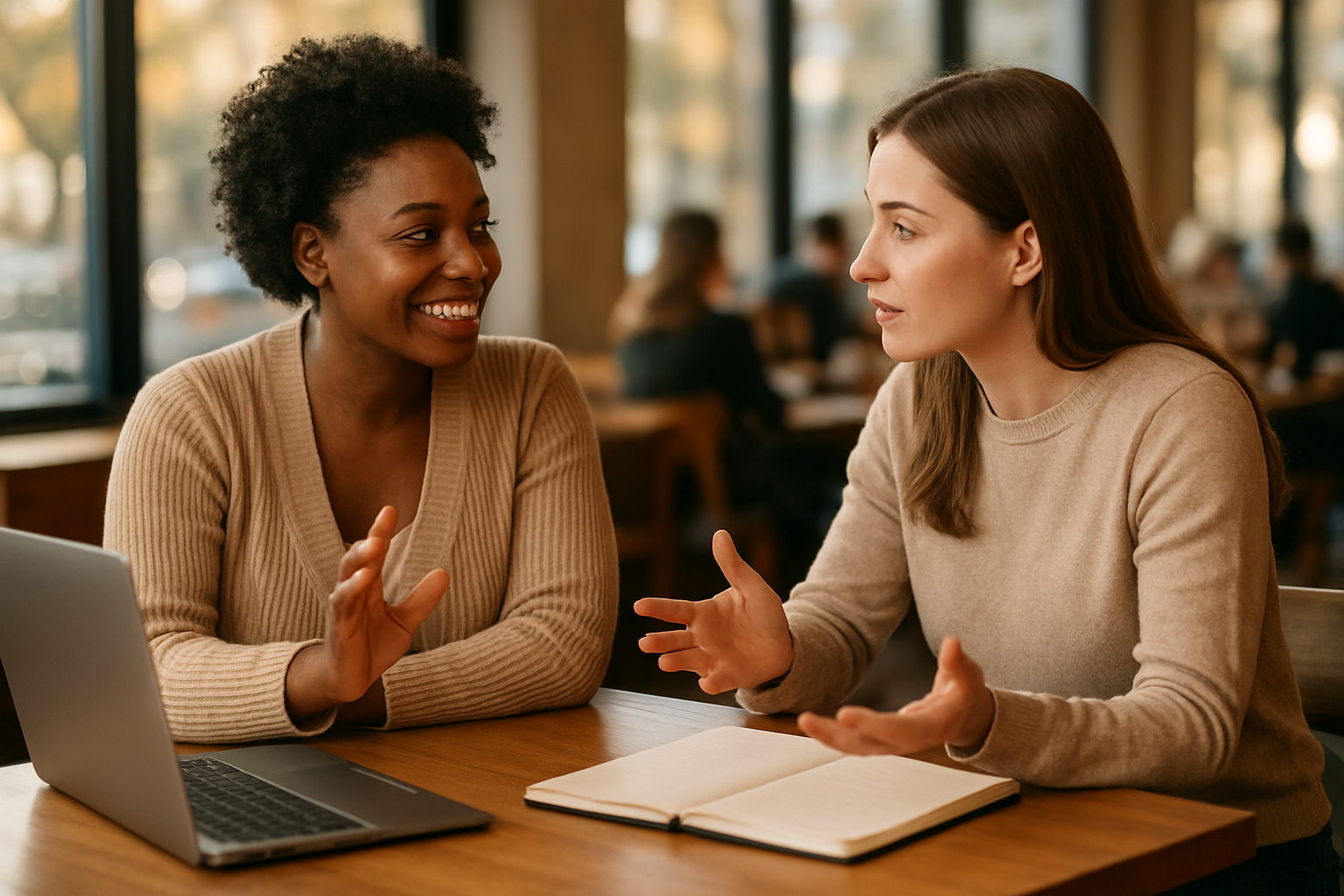 Create a realistic image of a supportive scene showing a black female mentor or friend encouraging a white woman who is presenting her business idea or creative project, with the supporter gesturing positively while sitting across from each other at a modern coffee shop table, laptops and notebooks visible on the table, warm natural lighting streaming through large windows creating an uplifting and encouraging atmosphere, both women appearing engaged and motivated, soft focus background with other patrons, absolutely NO text should be in the scene.
