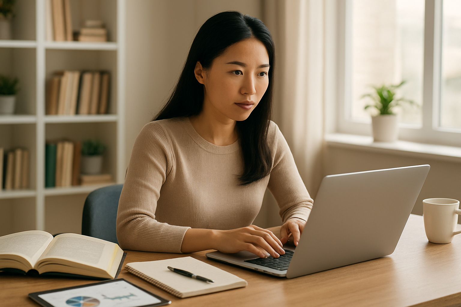 Create a realistic image of a professional Asian female blogger sitting at a modern desk with an open laptop, surrounded by educational materials including books, notebooks, and a tablet displaying charts or graphs, with a clean home office background featuring bookshelves, natural lighting from a window creating a warm and knowledgeable atmosphere, while she appears focused and confident in her expertise, with a coffee cup and some plants adding to the productive workspace ambiance, absolutely NO text should be in the scene.