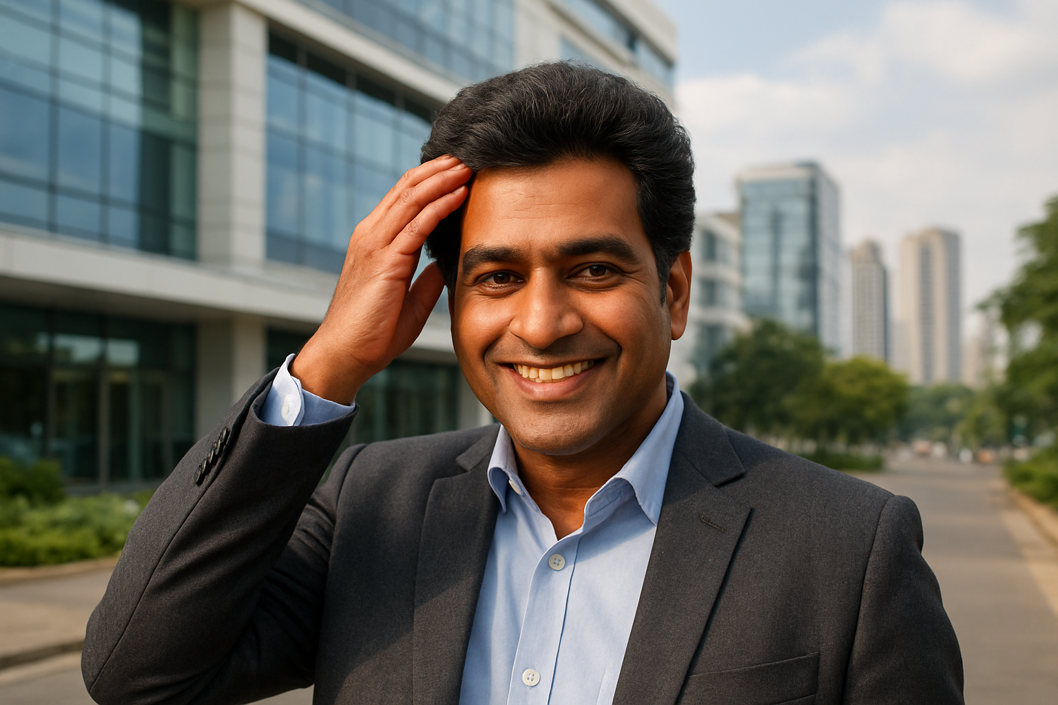 Create a realistic image of a confident middle-aged South Asian male with a full head of thick, natural-looking hair standing in front of a modern, upscale medical clinic building in Bangalore with glass facades and contemporary architecture, the man is smiling warmly while gently touching his hairline with one hand, the background shows the bustling cityscape of Bangalore with modern buildings and greenery, soft natural lighting creates a hopeful and professional atmosphere, the scene conveys success and satisfaction after a hair restoration journey, absolutely NO text should be in the scene.