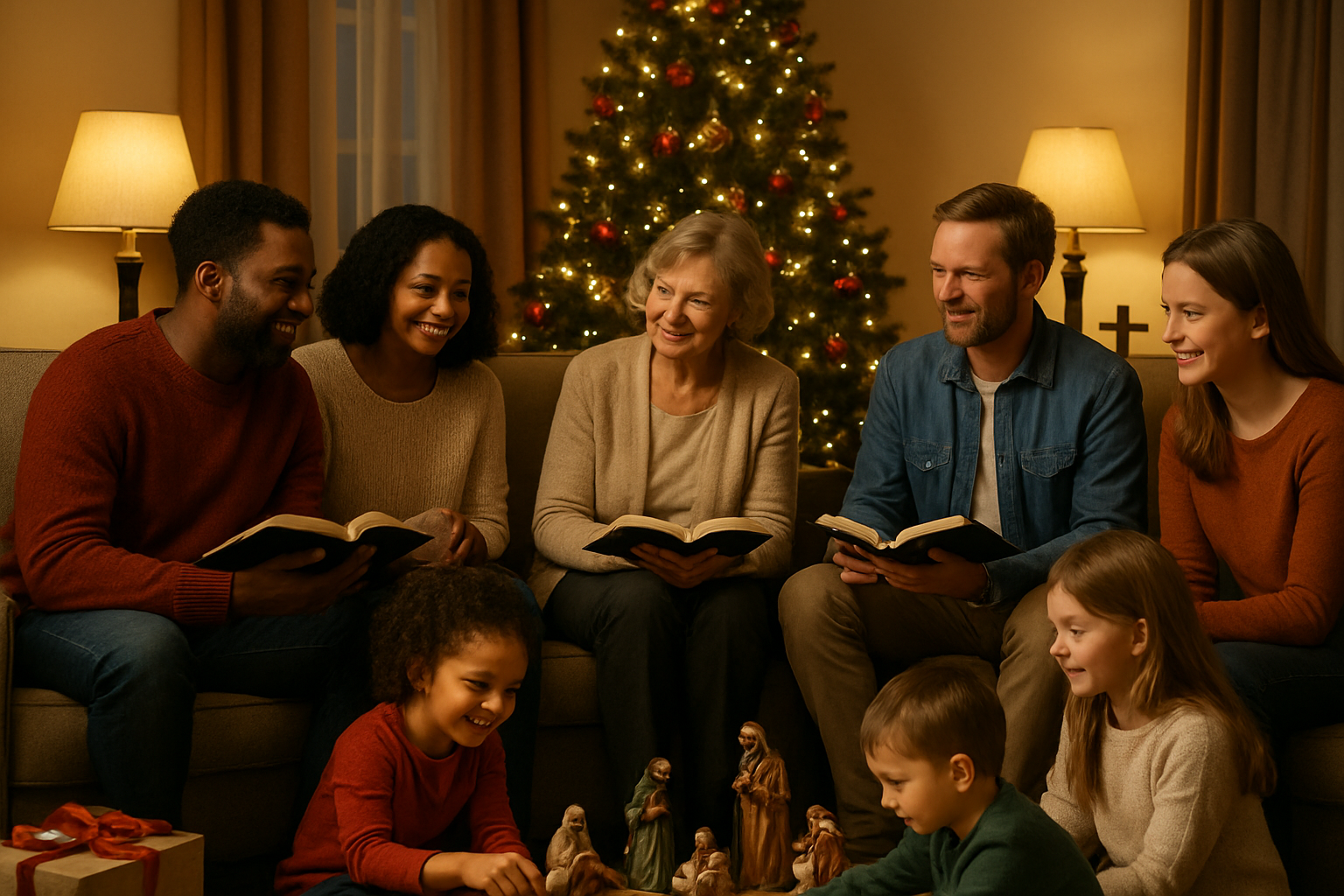 Create a realistic image of a warm, inviting scene showing diverse families gathered together in a cozy living room during Christmas time, with white and black families of mixed genders sitting around a beautifully decorated Christmas tree, some people holding Bibles or prayer books, children playing with nativity scene figurines on the floor, adults engaged in peaceful conversation, soft golden lighting from table lamps and twinkling Christmas lights creating a serene atmosphere, wrapped gifts under the tree, a wooden cross subtly displayed on a side table, warm earth tones and traditional Christmas colors throughout the scene, everyone appearing joyful and connected in fellowship, absolutely NO text should be in the scene.