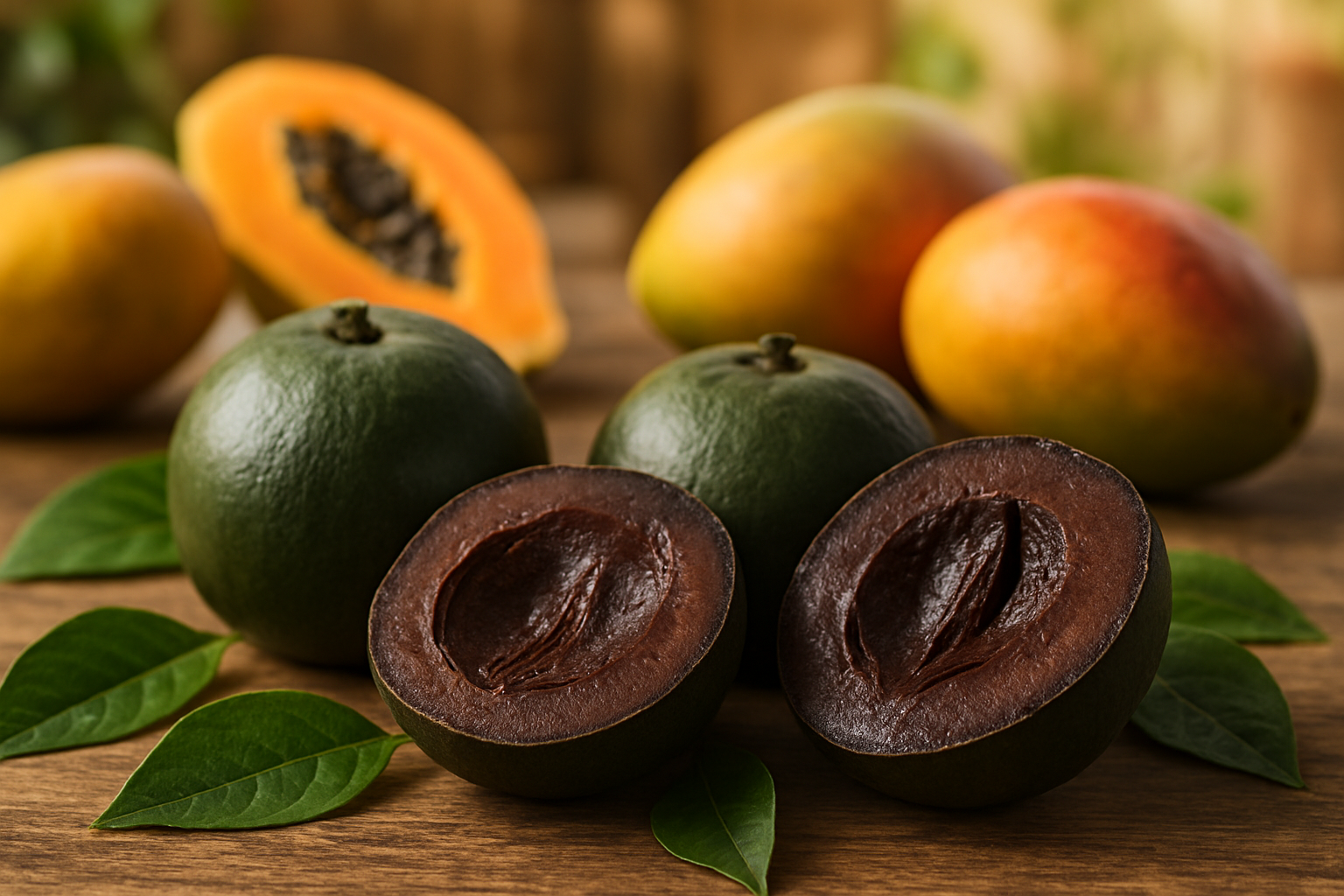 Create a realistic image of fresh black sapote fruits displayed on a rustic wooden table, showing both whole fruits with their dark green skin and cut-open halves revealing the rich chocolate-brown flesh inside, surrounded by a few green leaves and complementary tropical fruits like papayas and mangoes in soft natural lighting, with a warm kitchen or outdoor garden setting in the blurred background, conveying a sense of abundance and natural goodness, absolutely NO text should be in the scene.