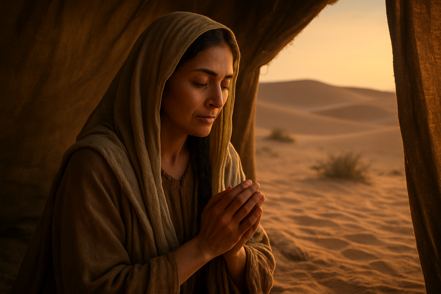 Create a realistic image of an ancient Middle Eastern woman with olive skin and dark hair partially covered by a flowing head covering, sitting peacefully in a desert tent opening with warm golden sunlight streaming through, her hands gently folded in prayer or contemplation, with sand dunes and a few desert plants visible in the background, conveying a sense of wisdom, faith, and serenity, with soft warm lighting creating a peaceful and reflective mood. Absolutely NO text should be in the scene.