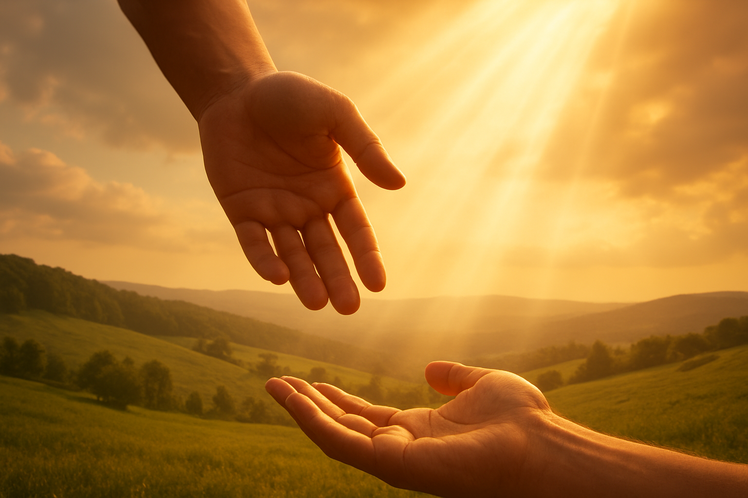 Create a realistic image of a warm, golden-lit scene showing gentle hands reaching down from above with soft, divine light rays streaming through, creating a sense of divine protection and care, with a peaceful pastoral background featuring rolling green hills and a serene sky, conveying comfort, safety, and unconditional love through the warm lighting and peaceful atmosphere, absolutely NO text should be in the scene.