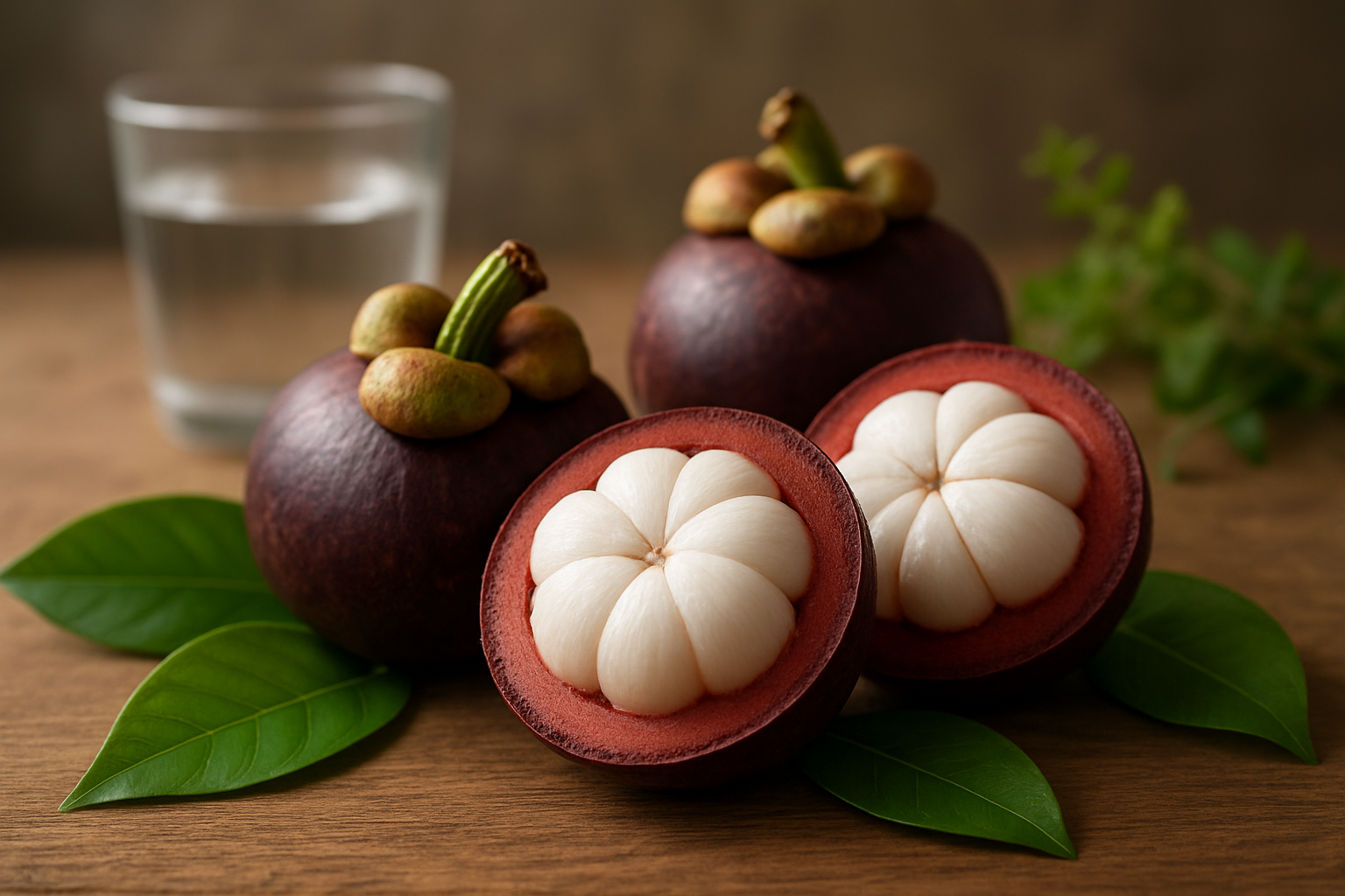 Create a realistic image of fresh purple mangosteen fruits cut in half showing white flesh segments arranged on a wooden surface alongside vibrant green leaves, with soft natural lighting highlighting the fruit's rich colors and textures, complemented by subtle wellness elements like a glass of water and natural herbs in the background, conveying health and vitality through warm, inviting tones and clean composition, absolutely NO text should be in the scene.