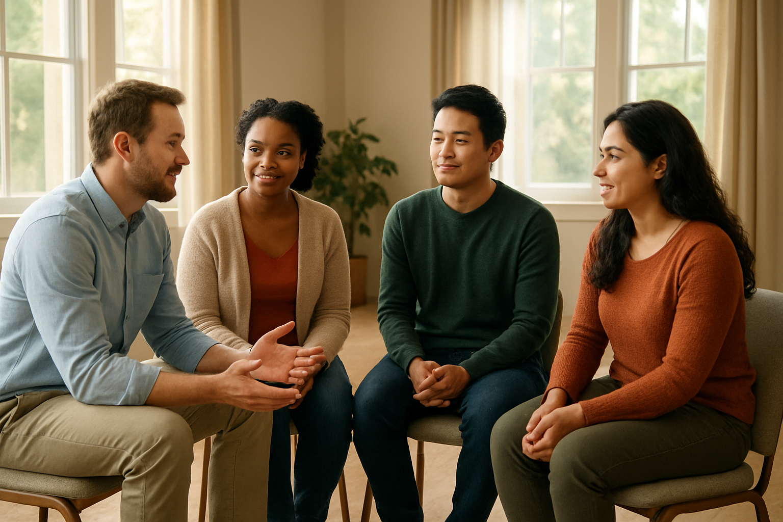 Create a realistic image of a diverse group of people sitting in a circle of chairs in a bright, welcoming room with warm lighting, showing a white male counselor facilitating a support group meeting with participants including a black female, an Asian male, and a Hispanic female, all engaged in supportive conversation with gentle expressions, soft natural lighting streaming through windows, comfortable seating arrangement, and a calm, encouraging atmosphere that conveys community and healing, absolutely NO text should be in the scene.