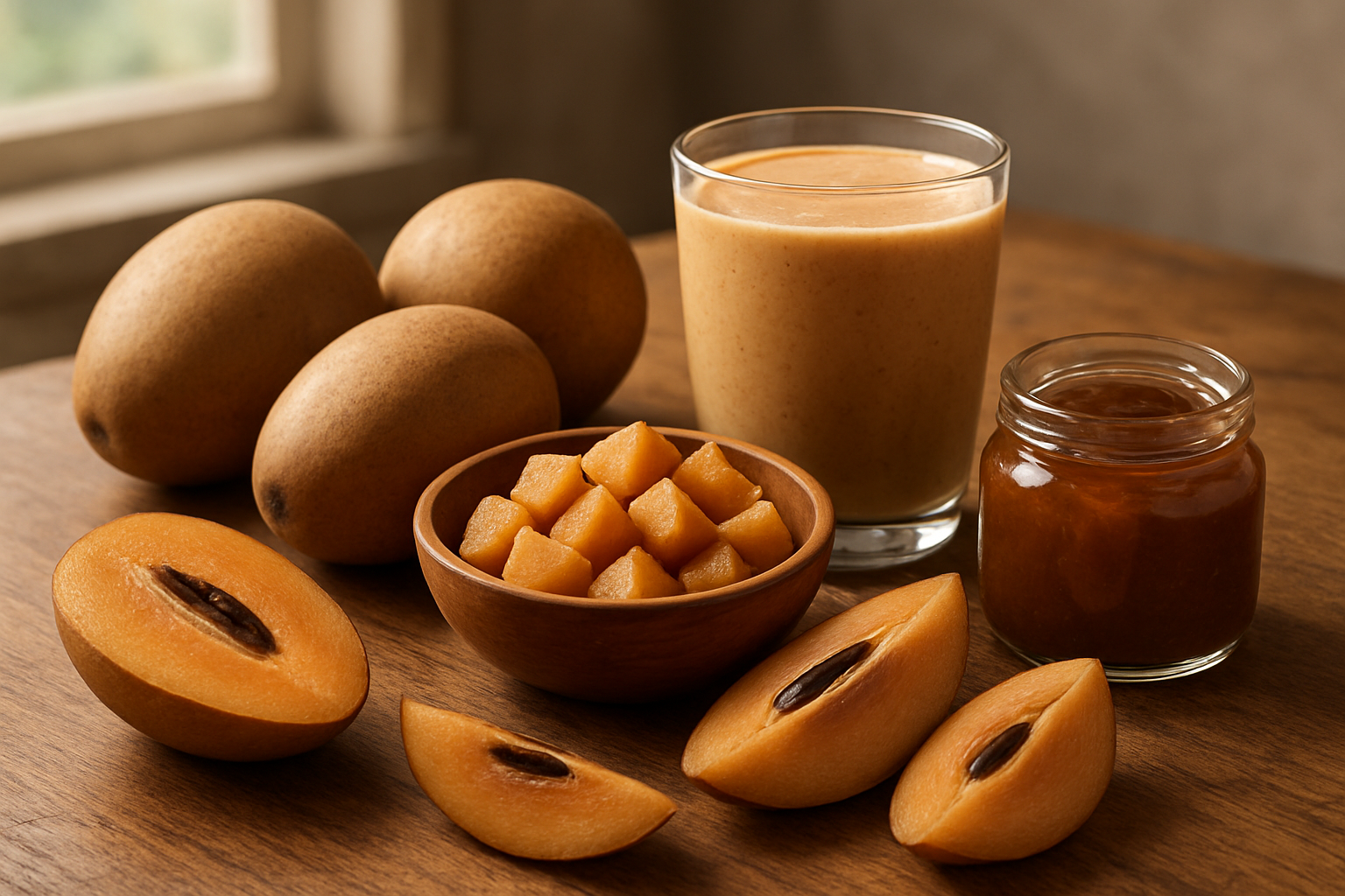 Create a realistic image of various sapodilla fruits arranged in different culinary preparations including whole fresh fruits, sliced pieces revealing the brown flesh, a wooden bowl filled with diced sapodilla chunks, a glass of creamy sapodilla smoothie, and sapodilla jam in a small jar, all displayed on a rustic wooden kitchen counter with soft natural lighting from a nearby window, warm and inviting atmosphere showcasing the versatility of this tropical fruit in cooking and food preparation, absolutely NO text should be in the scene.