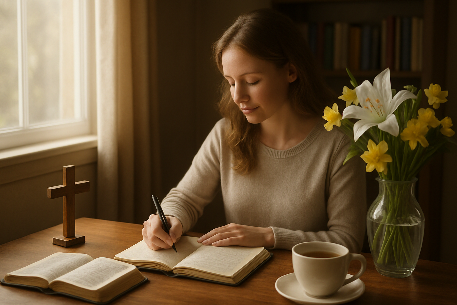 Create a realistic image of a peaceful indoor scene showing a white female person sitting at a wooden desk near a window with soft natural light streaming in, writing in an open journal with a pen, with a small wooden cross, an open Bible, and a cup of tea on the desk, surrounded by spring flowers like lilies and daffodils in a vase, creating a serene and contemplative atmosphere perfect for personal reflection and testimony writing, with warm golden lighting and a cozy background featuring bookshelves, absolutely NO text should be in the scene.