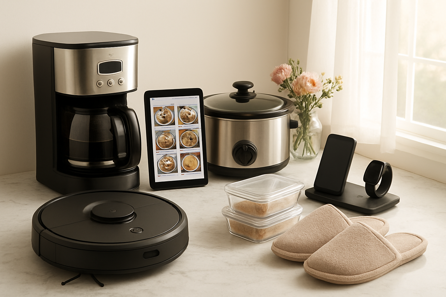 Create a realistic image of a neatly arranged collection of practical Mother's Day gifts on a clean white marble countertop, including a high-quality coffee maker, a robotic vacuum cleaner, a slow cooker, meal prep containers, a tablet with recipe apps, wireless charging station, and soft spa slippers, all beautifully arranged with subtle natural lighting from a nearby window, warm and inviting atmosphere with some fresh flowers as accent, absolutely NO text should be in the scene.
