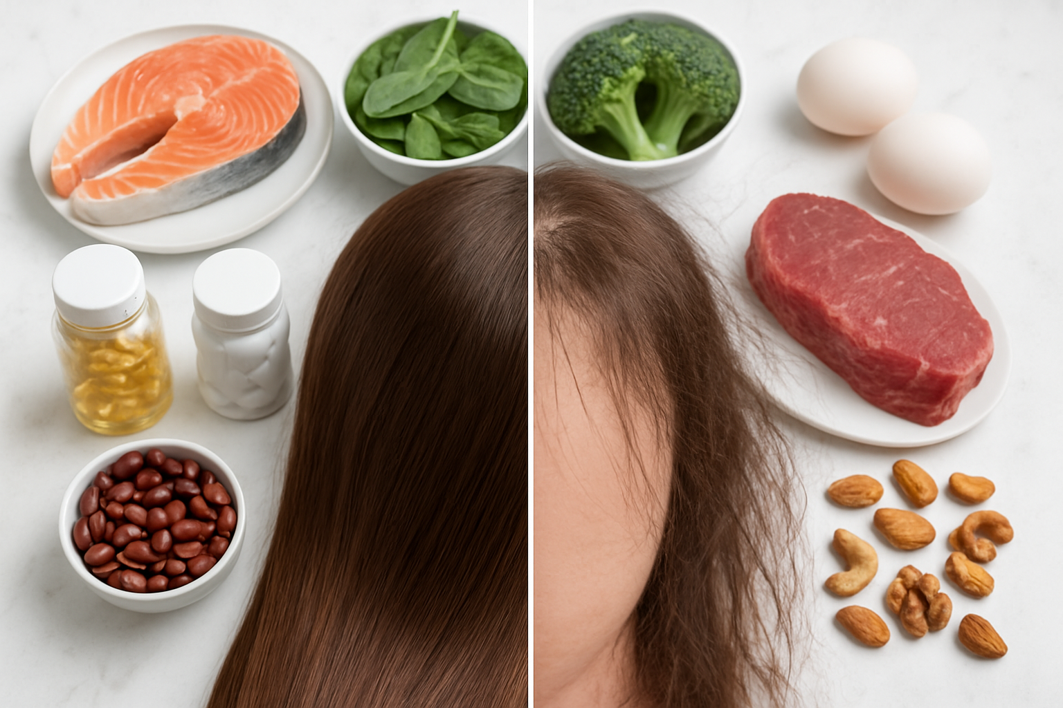 Create a realistic image of a split-screen composition showing healthy vibrant hair on one side and thin, brittle hair on the other side, surrounded by various nutritional elements including fresh vegetables like spinach and broccoli, protein-rich foods like salmon and eggs, vitamin supplements in bottles, iron-rich foods like red meat and beans, and nuts scattered around, all arranged on a clean white marble surface with soft natural lighting from above, creating a clinical yet approachable atmosphere that emphasizes the connection between nutrition and hair health, absolutely NO text should be in the scene.
