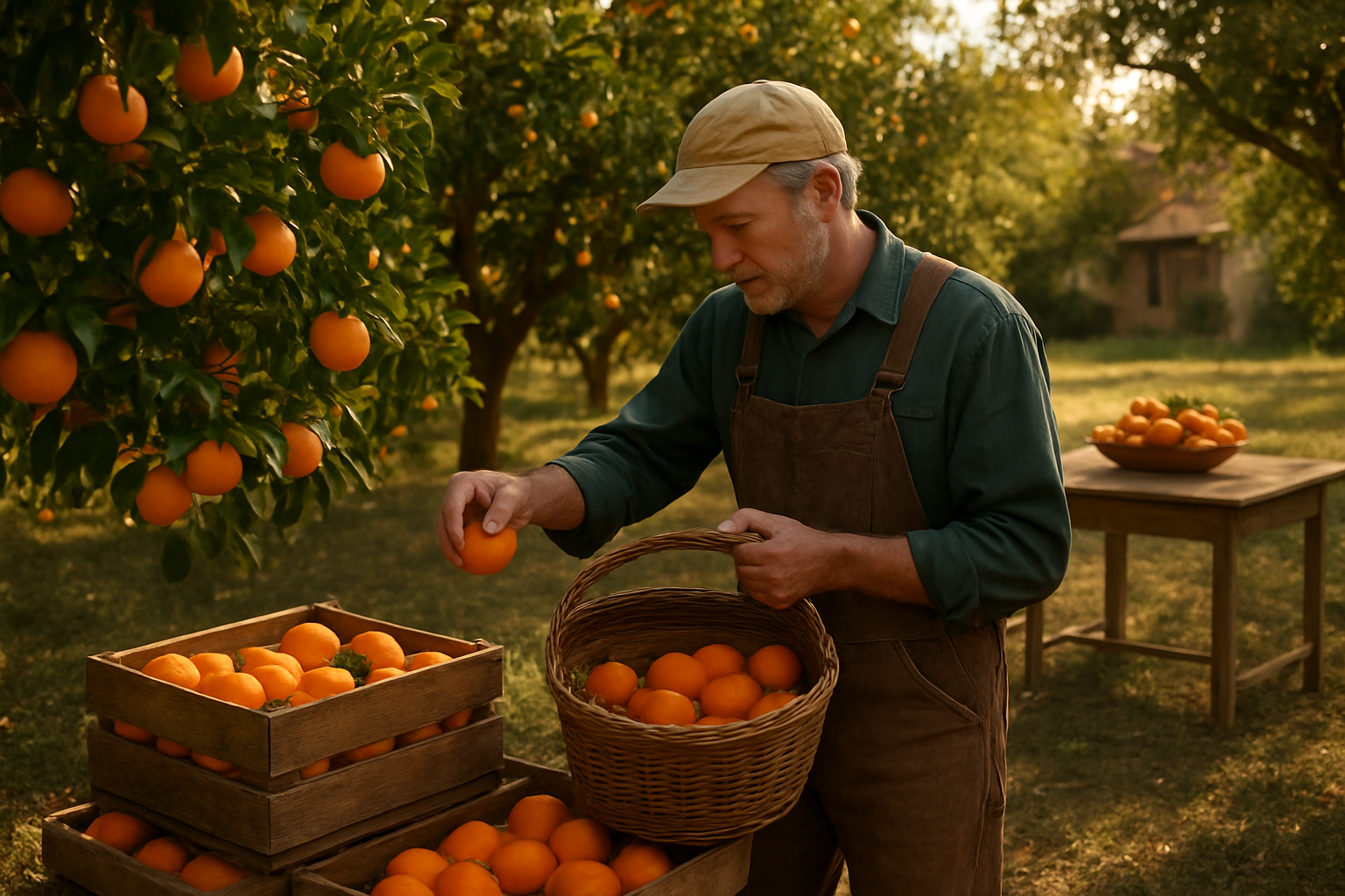 Create a realistic image of a clementine orchard scene showing the journey from tree to table, featuring mature clementine trees heavy with bright orange fruits in the foreground, a middle-aged white male farmer in work clothes carefully hand-picking ripe clementines into a wicker basket, wooden crates filled with freshly harvested clementines nearby, and in the background a rustic farmhouse table displaying beautifully arranged fresh clementines ready for consumption, with warm golden sunlight filtering through the tree canopy creating dappled shadows on the ground, conveying a wholesome farm-to-table atmosphere. Absolutely NO text should be in the scene.