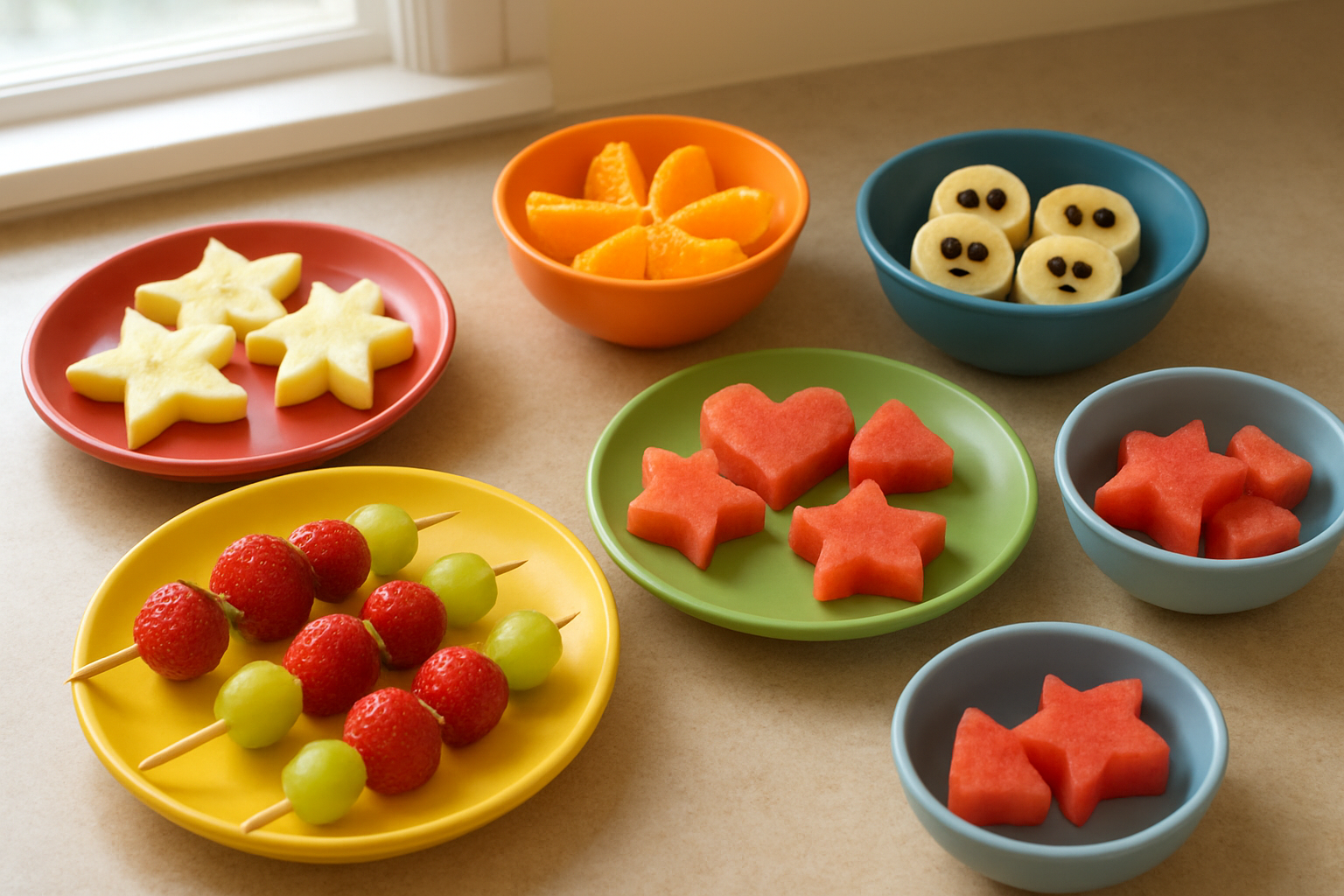 Create a realistic image of a kitchen countertop with an assortment of colorful fruit-based treats transformed into fun, kid-friendly shapes including fruit kabobs with strawberries and grapes, apple slices cut into star shapes, orange segments arranged as flowers, banana slices with faces made from dark berries, and watermelon pieces cut into fun geometric shapes, all artfully arranged on bright colorful plates and bowls, with natural lighting streaming through a window creating a warm and inviting atmosphere, absolutely NO text should be in the scene.