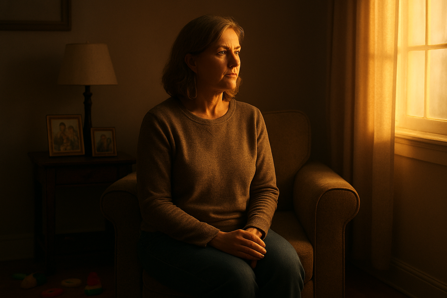 Create a realistic image of a middle-aged white female mother sitting quietly in a dimly lit living room during golden hour, with soft warm sunlight streaming through a window, her expression showing a mix of contemplation and quiet strength as she looks toward the light, surrounded by subtle family elements like children's toys scattered on the floor and family photos on a side table, with her hands gently folded in her lap, wearing casual comfortable clothing, the scene conveying a sense of reflection and resilience after years of dedication to family, with muted warm tones throughout the composition creating a peaceful yet poignant atmosphere, absolutely NO text should be in the scene.