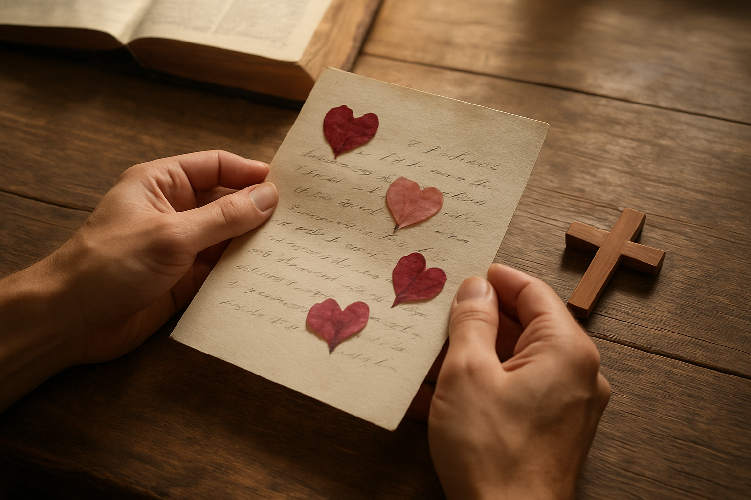 Create a realistic image of hands holding a beautifully handwritten love letter with heart-shaped pressed flowers and a small wooden cross placed nearby on a rustic wooden table, soft natural lighting streaming through a window creating a warm and intimate atmosphere, with a Bible partially visible in the background, representing creative faith-based expressions of love, absolutely NO text should be in the scene.