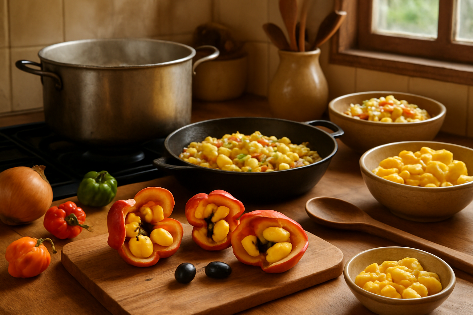 Create a realistic image of a vibrant kitchen scene showcasing various ackee dishes and cooking methods, featuring a wooden cutting board with fresh opened ackee pods displaying the yellow arils, a cast iron skillet with ackee and saltfish being sautéed, a pot of boiling water for blanching ackee, colorful Caribbean vegetables like scotch bonnet peppers and onions scattered around, traditional cooking utensils, warm natural lighting streaming through a window, and a cozy homestyle kitchen atmosphere with wooden countertops and ceramic bowls containing prepared ackee dishes, absolutely NO text should be in the scene.