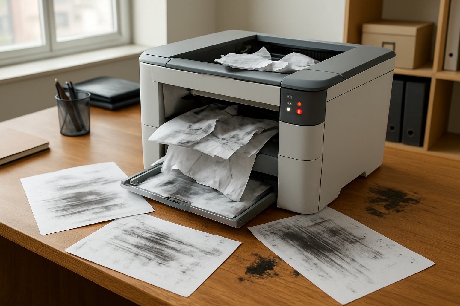 Hãy tạo một hình ảnh chân thực về một máy in văn phòng bị lỗi trên bàn làm việc, thể hiện rõ các dấu hiệu sự cố như kẹt giấy với giấy nhàu nát nhô ra, bản in bị lem hoặc mờ, đèn báo lỗi nhấp nháy trên bảng điều khiển và vết mực trên các bề mặt xung quanh. Hình ảnh được đặt trong môi trường văn phòng hiện đại tại Việt Nam với ánh sáng tự nhiên từ cửa sổ, mặt bàn bằng gỗ ấm áp và các vật dụng văn phòng ở phía sau, được chụp từ góc hơi cao để thể hiện rõ tình trạng của máy in. Tuyệt đối KHÔNG được có bất kỳ văn bản nào trong hình.