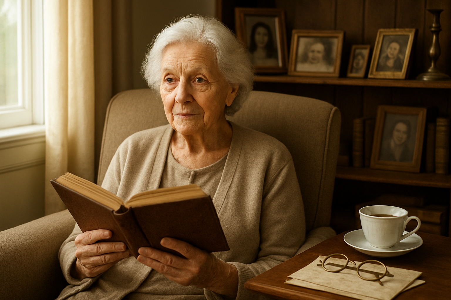 Create a realistic image of an elderly white woman with gentle, wise eyes and silver hair sitting in a comfortable armchair by a window with soft natural light streaming in, her weathered hands holding an open leather-bound book, surrounded by family photographs on nearby wooden shelves, vintage items like reading glasses and a tea cup on a side table, warm golden lighting creating a peaceful and nurturing atmosphere that conveys years of accumulated wisdom and maternal guidance, with subtle details like handwritten letters and old books suggesting a lifetime of sharing knowledge and love. Absolutely NO text should be in the scene.
