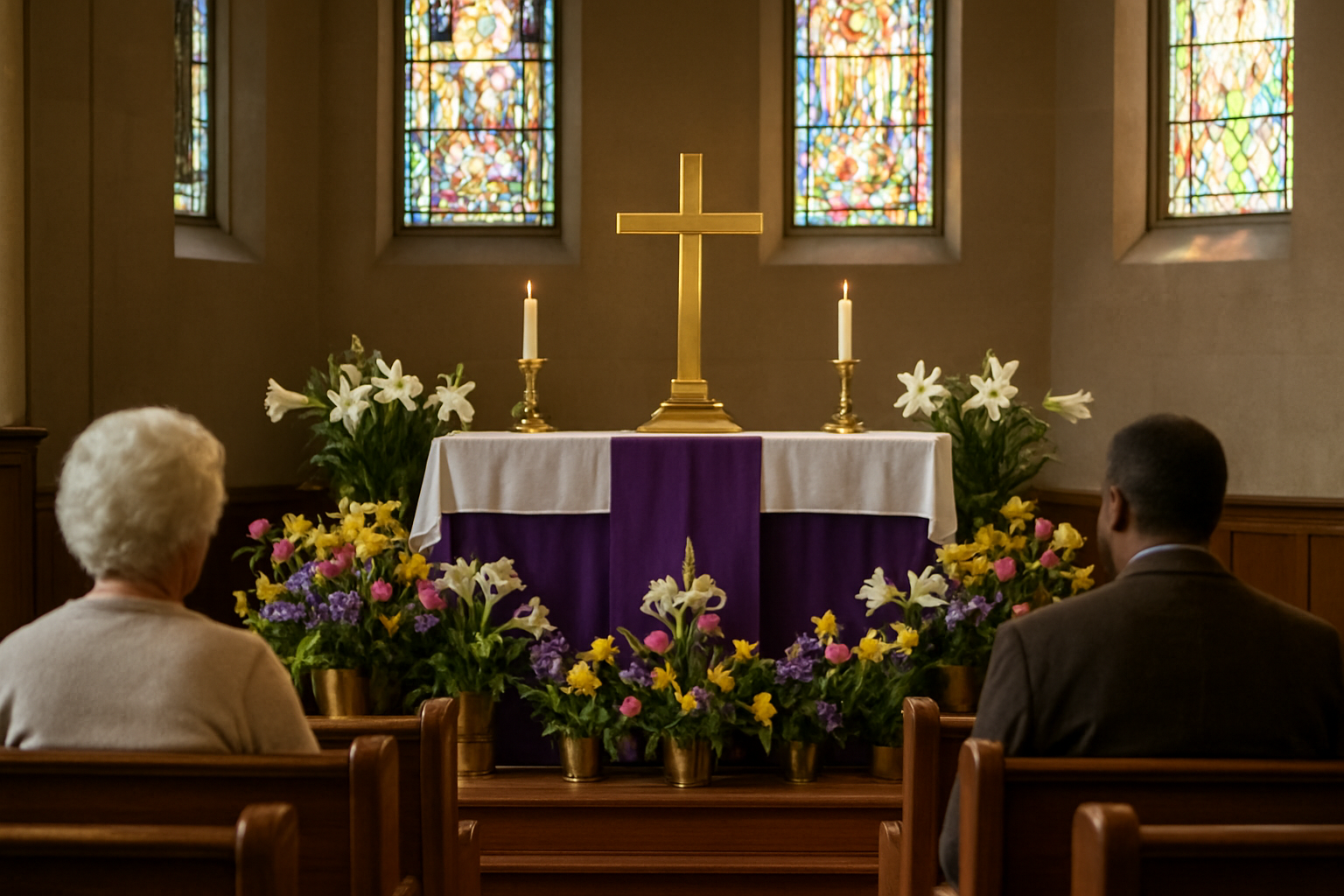 Create a realistic image of a church sanctuary during Easter worship service with traditional Easter colors prominently displayed, featuring purple and white altar cloths, golden cross, fresh white lilies and colorful spring flowers arranged around the altar, warm natural light streaming through stained glass windows casting colorful reflections, wooden pews with a few diverse worshippers including a white elderly woman and black middle-aged man sitting peacefully, candles flickering on the altar, creating a serene and reverent atmosphere that embodies the spiritual significance of Easter colors in Christian worship, absolutely NO text should be in the scene.