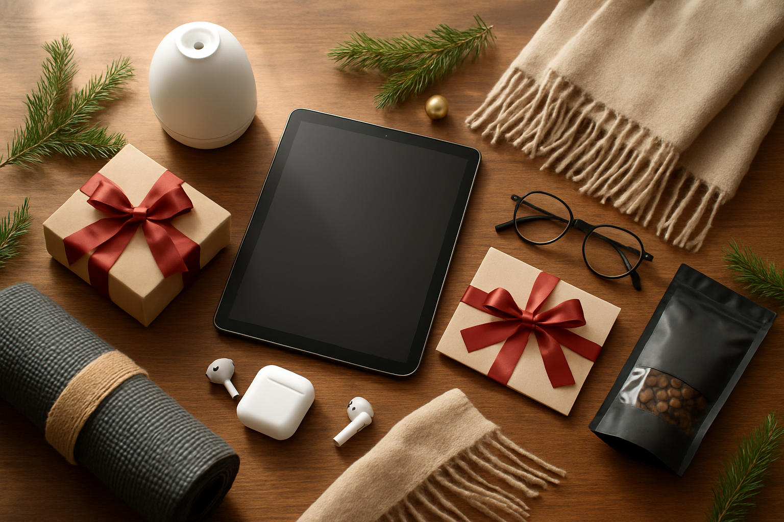 Create a realistic image of an elegantly arranged flat lay composition featuring diverse Christmas gifts for middle-aged adults including a sleek tablet, wireless earbuds, essential oil diffuser, yoga mat, gourmet coffee beans, cozy cashmere scarf, reading glasses, and gift certificates for experiences, all artfully displayed on a warm wooden surface with soft natural lighting from a window, scattered with subtle Christmas decorations like pine sprigs and gold ornaments, creating a sophisticated and inviting holiday atmosphere that conveys thoughtful gift-giving, absolutely NO text should be in the scene.