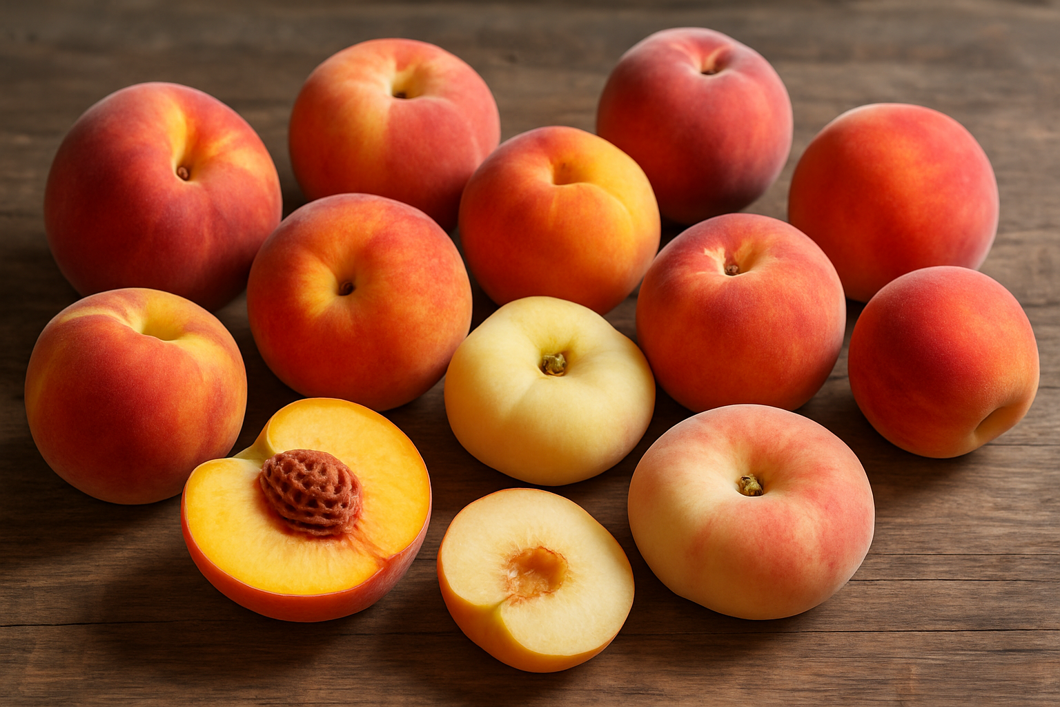 Create a realistic image of an assortment of different peach varieties displayed on a rustic wooden surface, showcasing various types including yellow peaches, white peaches, flat donut peaches, and clingstone peaches of different sizes and colors ranging from pale yellow to deep orange-red blush, arranged in an appealing spread with some cut in half to reveal the flesh and pit, natural daylight illuminating the scene with soft shadows, absolutely NO text should be in the scene.