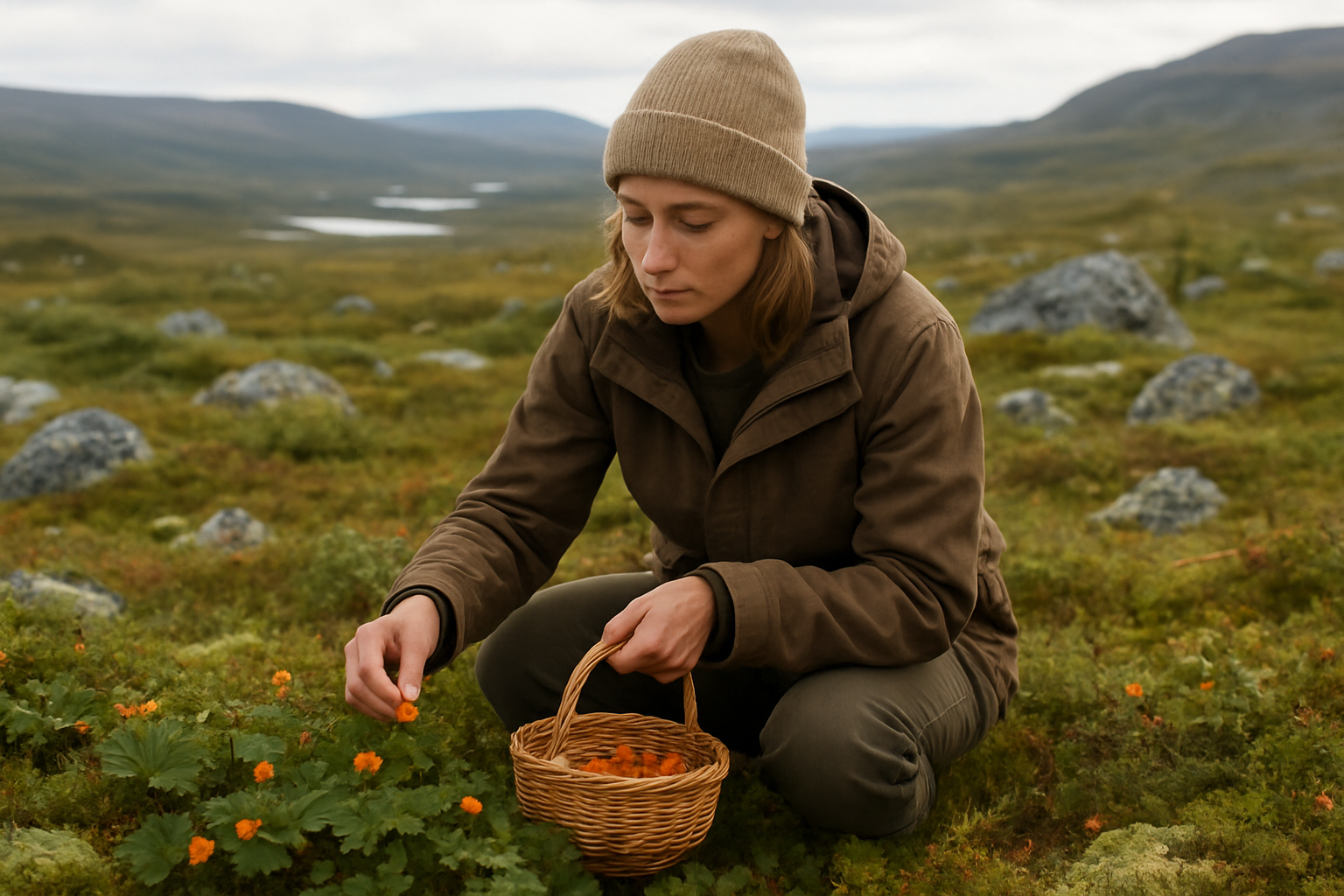Create a realistic image of a white female forager in her 30s kneeling in a pristine Nordic tundra landscape, gently hand-picking bright orange cloudberries from low-growing green plants with distinctive lobed leaves, wearing earth-tone outdoor clothing and carrying a small wicker basket partially filled with the precious berries, surrounded by moss-covered ground, scattered rocks, and distant rolling hills under soft natural daylight with a peaceful, respectful harvesting atmosphere that emphasizes sustainable foraging practices, absolutely NO text should be in the scene.