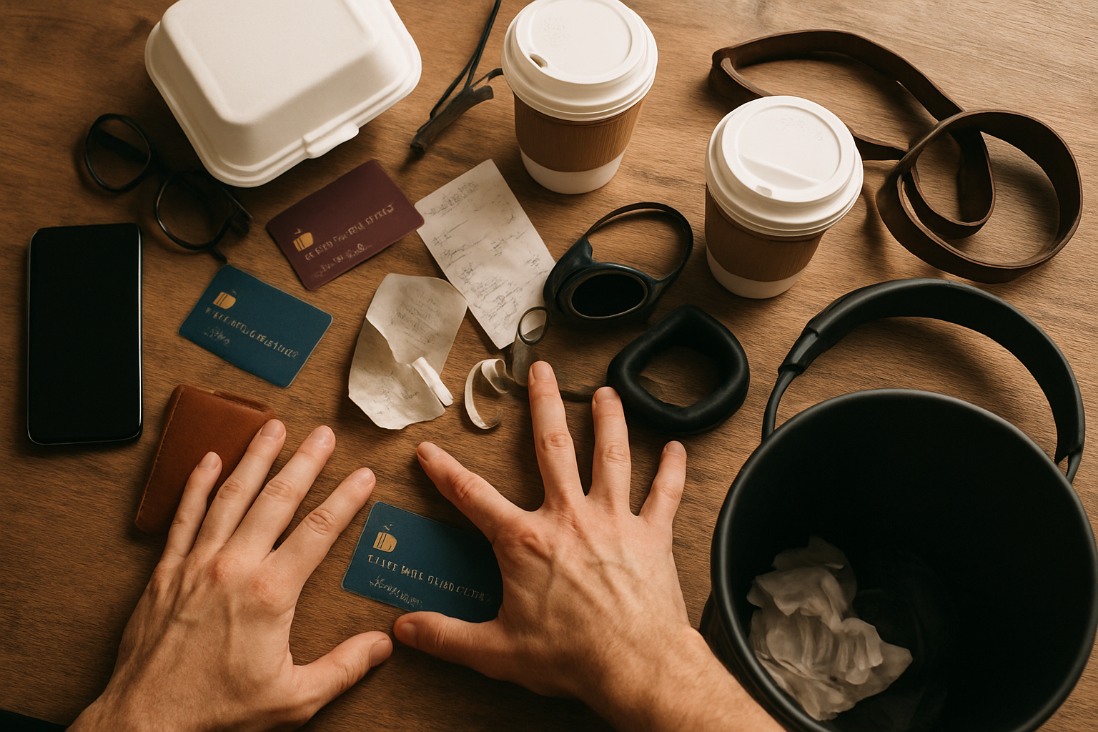 Create a realistic image of a cluttered desk scene showing various budget-busting items including scattered credit cards, takeout food containers, expensive coffee cups, shopping receipts, and impulse purchase items like gadgets and accessories, with a pair of hands reaching to push these items away or into a trash bin, shot from above with warm natural lighting, conveying a sense of taking control and eliminating wasteful spending habits, absolutely NO text should be in the scene.