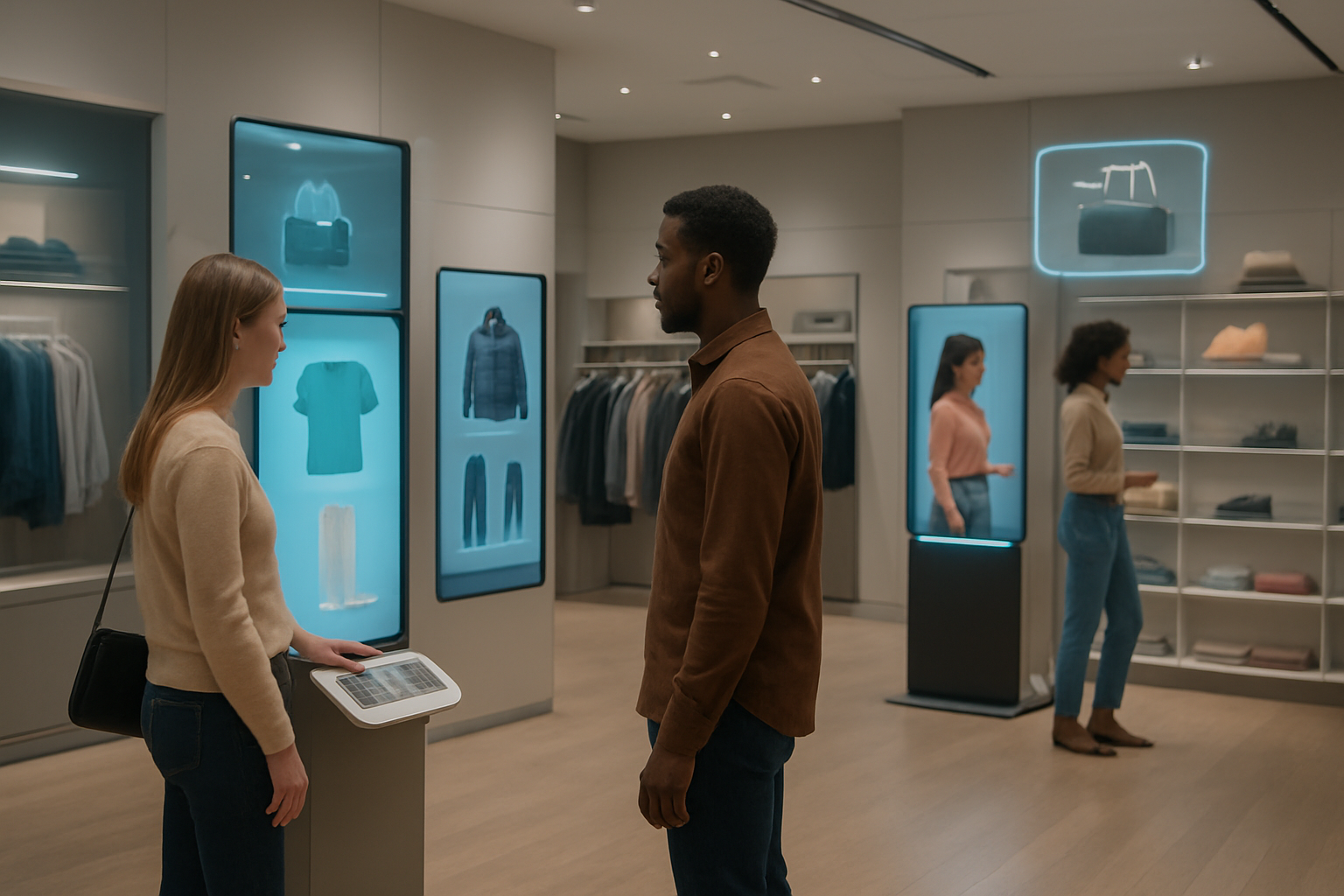 Create a realistic image of a modern retail store interior with AI-powered digital displays showing personalized product recommendations, where a diverse group including a white female customer and black male customer are shopping while interactive screens adapt to show different products based on their preferences, with sleek digital kiosks displaying dynamic content, soft ambient lighting highlighting the technology integration, floating holographic product suggestions above shopping areas, and smart shelving systems with LED indicators, all set in a contemporary retail environment with a futuristic yet welcoming atmosphere, absolutely NO text should be in the scene.