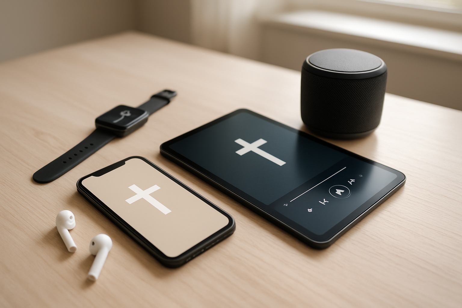 Create a realistic image of modern Christian-themed digital devices and technology items arranged on a clean white wooden desk, including a smartphone displaying a Bible app, wireless earbuds, a tablet showing a Christian podcast interface, a smartwatch, and a portable Bluetooth speaker, with soft natural lighting from a nearby window creating gentle shadows, warm and inviting atmosphere, absolutely NO text should be in the scene.