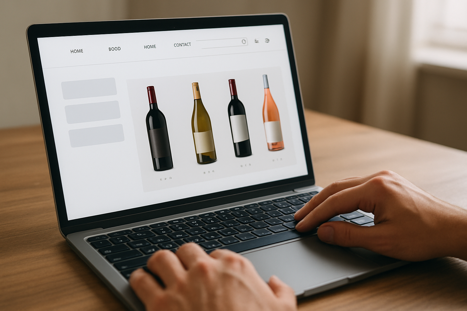 Create a realistic image of a close-up view of a laptop screen displaying a modern wine e-commerce website with clean navigation menus, product categories, and wine bottle thumbnails, with a white person's hands positioned on the keyboard and trackpad as if browsing the site, set on a wooden desk with soft natural lighting from a nearby window, creating a focused and professional atmosphere that conveys smooth online shopping experience, absolutely NO text should be in the scene.