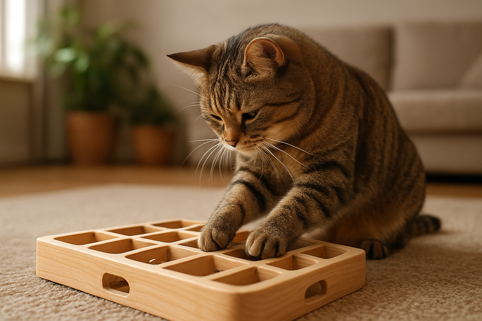 Create a realistic image of a content tabby cat playing with a wooden maze toy on a living room floor, the cat appears mentally engaged and focused while pawing at treats or small toys inside the wooden puzzle, the maze toy is made of natural light wood with multiple compartments and openings, soft natural lighting from a nearby window creates a warm and peaceful atmosphere, the background shows a cozy home interior with a sofa and houseplants slightly blurred, the scene conveys intelligence, enrichment, and satisfaction, absolutely NO text should be in the scene.