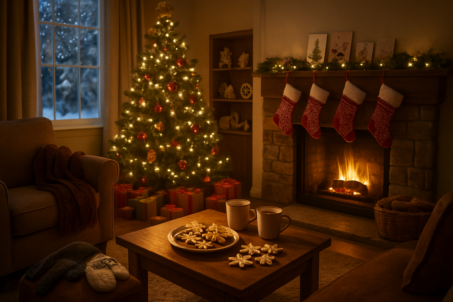 Create a realistic image of a cozy living room during Christmas evening with a beautifully decorated Christmas tree with twinkling lights in the corner, a warm fireplace with stockings hanging above it, a coffee table displaying homemade Christmas cookies and hot cocoa mugs, wrapped gifts scattered underneath the tree, winter mittens and scarves draped on a nearby armchair, a few handmade holiday crafts like paper snowflakes and garlands visible on shelves, soft golden lighting from the fireplace and tree lights creating a warm inviting atmosphere, snow gently visible through a window in the background, and a few Christmas cards displayed on a mantelpiece, absolutely NO text should be in the scene.