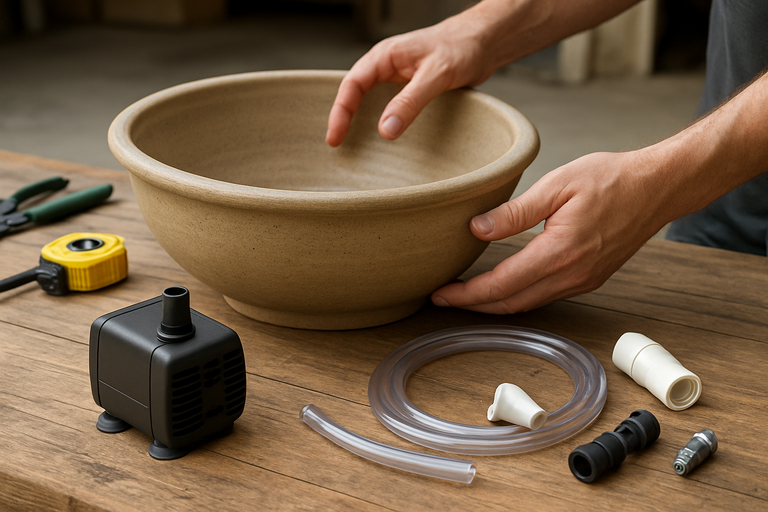 Create a realistic image of hands preparing a DIY fountain base setup showing a large decorative bowl or basin being positioned as the water reservoir, with a small submersible water pump, clear plastic tubing, and basic plumbing components laid out nearby on a wooden work surface, with garden tools and measuring tape visible, in a well-lit garage or outdoor workspace setting with natural lighting, focused on the technical preparation stage of fountain construction. Absolutely NO text should be in the scene.