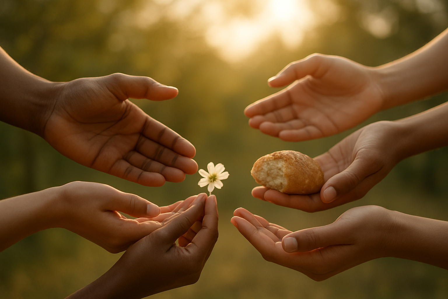 Create a realistic image of diverse hands of different skin tones gently reaching toward each other in a caring gesture, with soft golden light filtering through the scene, some hands holding small offerings like flowers or bread, creating a warm and compassionate atmosphere that conveys love and service, with a soft-focus background of natural elements like trees or gentle sky, emphasizing connection and community spirit, absolutely NO text should be in the scene.