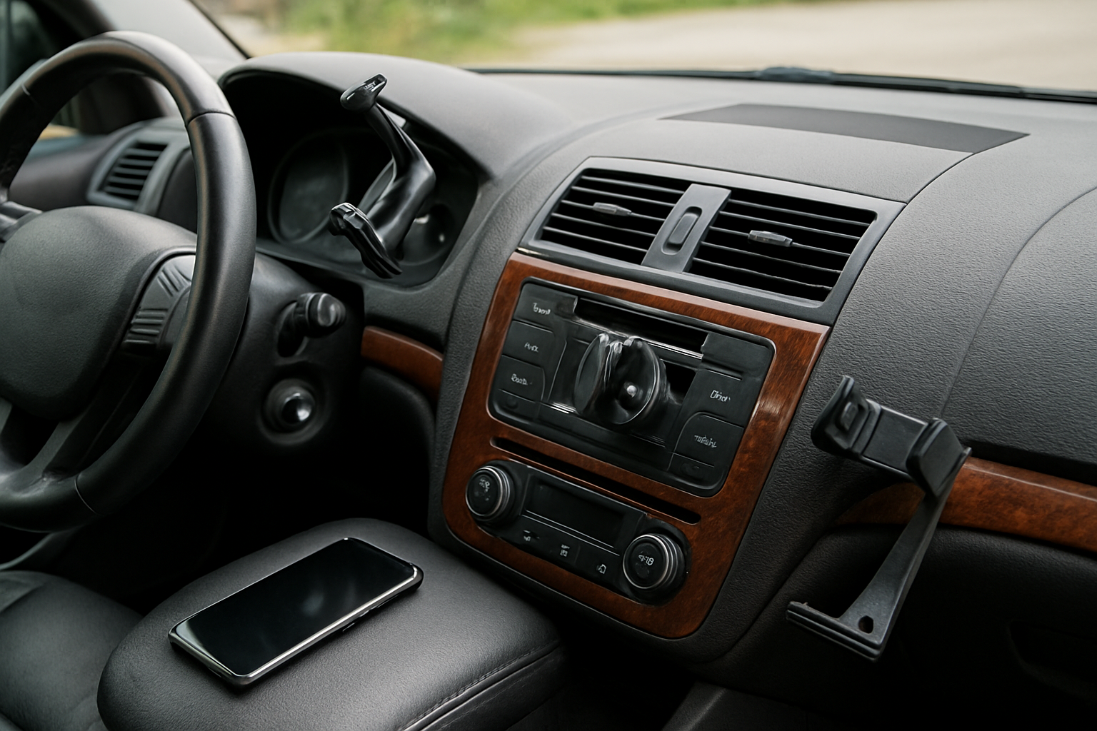 Create a realistic image of a car dashboard showing multiple failed phone mount scenarios including a phone that has fallen from a suction cup mount onto the passenger seat, a loose air vent mount with a cracked clip, and a CD slot mount that appears bent and damaged, with the car interior featuring black leather seats and wood grain trim, shot from the driver's perspective during daytime with natural lighting coming through the windshield, absolutely NO text should be in the scene.