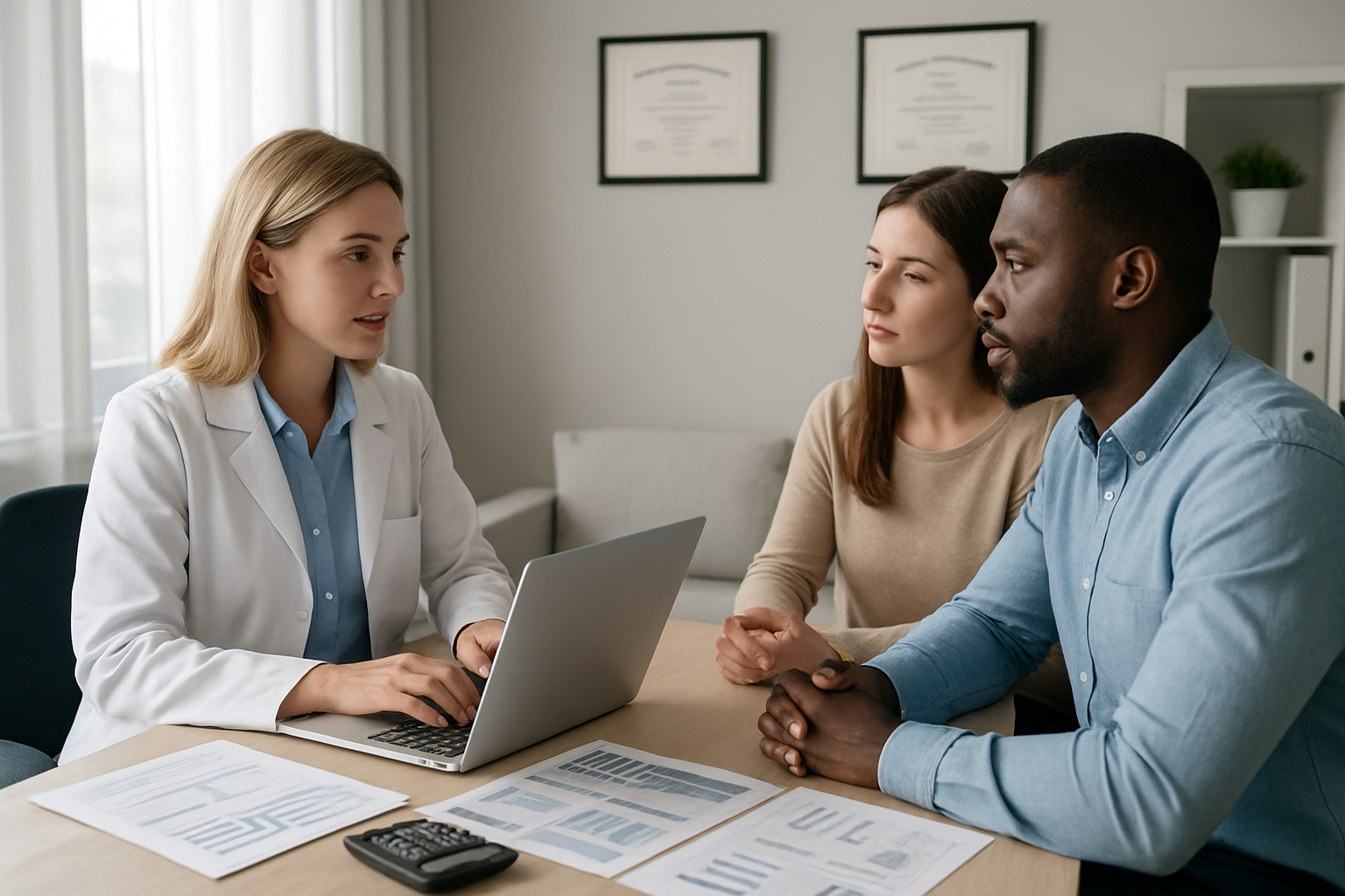 Create a realistic image of a white female healthcare consultant sitting at a modern desk with a laptop computer, calculator, and organized documents spread out showing hospital comparison charts and pricing information, with a diverse group including a black male and white female patients seated across from her in a bright, professional medical office setting with soft natural lighting from large windows, medical diplomas on the wall, and a clean, reassuring atmosphere that conveys trust and guidance in healthcare decision-making, absolutely NO text should be in the scene.