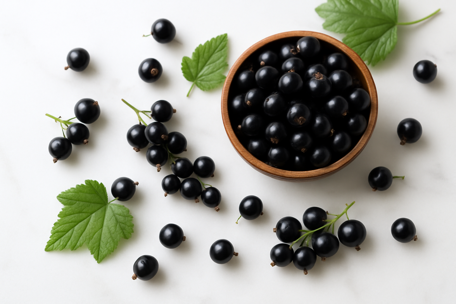 Create a realistic image of fresh black currants arranged artistically on a clean white marble surface, with some berries scattered individually and others still attached to their delicate green stems, accompanied by a small wooden bowl filled with the dark purple-black berries, soft natural lighting from above creating gentle shadows, vibrant green leaves visible around the berries to emphasize freshness, the composition highlighting the rich color and small clustered nature of the superfruit, clean and minimal background to focus attention on the nutritious berries, absolutely NO text should be in the scene.