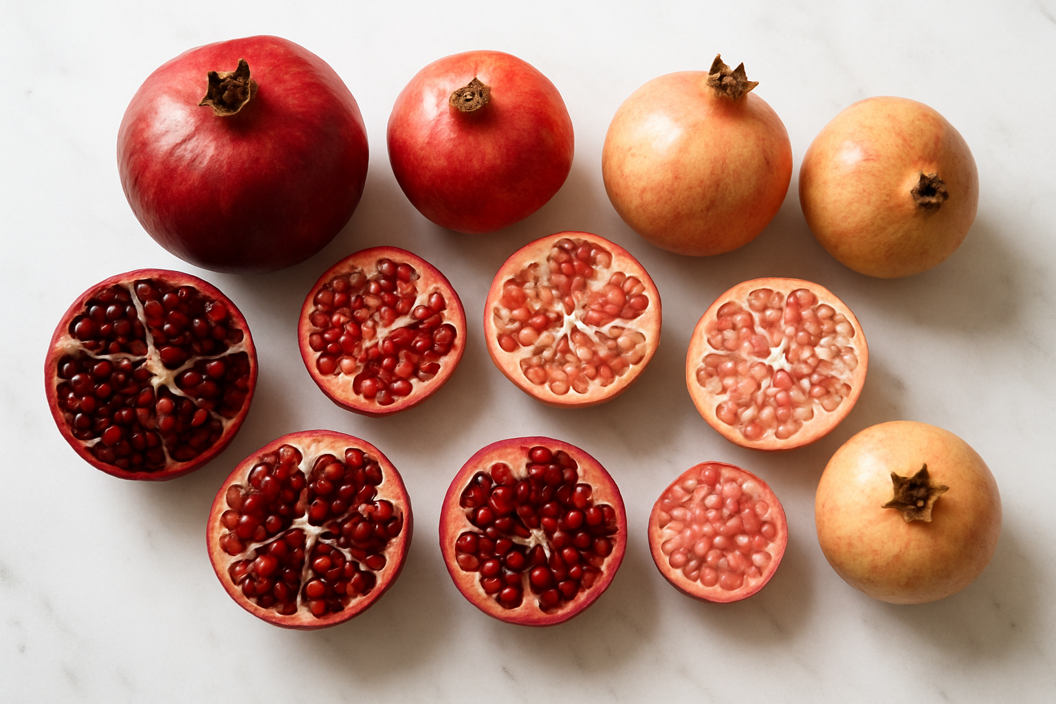 Create a realistic image of multiple pomegranate varieties arranged on a clean white marble surface, showing different types including deep red, pink-red, and lighter colored pomegranates of varying sizes, some whole and some cut open to display the different colored arils inside, with natural daylight illuminating the fruits from above creating soft shadows, showcasing the diversity in color, size, and internal seed characteristics across different pomegranate cultivars, absolutely NO text should be in the scene.
