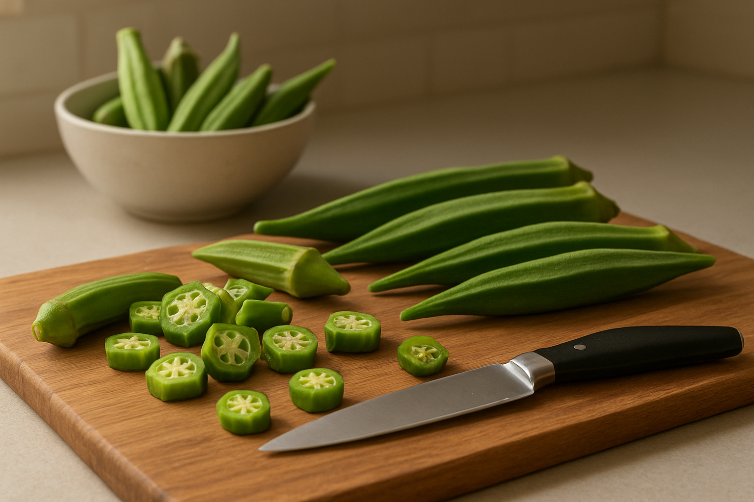 Create a realistic image of fresh green okra pods arranged on a wooden cutting board with a sharp kitchen knife positioned nearby, showing some okra sliced into rounds revealing the star-shaped cross-section with seeds visible, a small bowl containing whole okra pods in the background, warm natural lighting from a kitchen window casting soft shadows, clean modern kitchen counter setting with neutral tones, absolutely NO text should be in the scene.