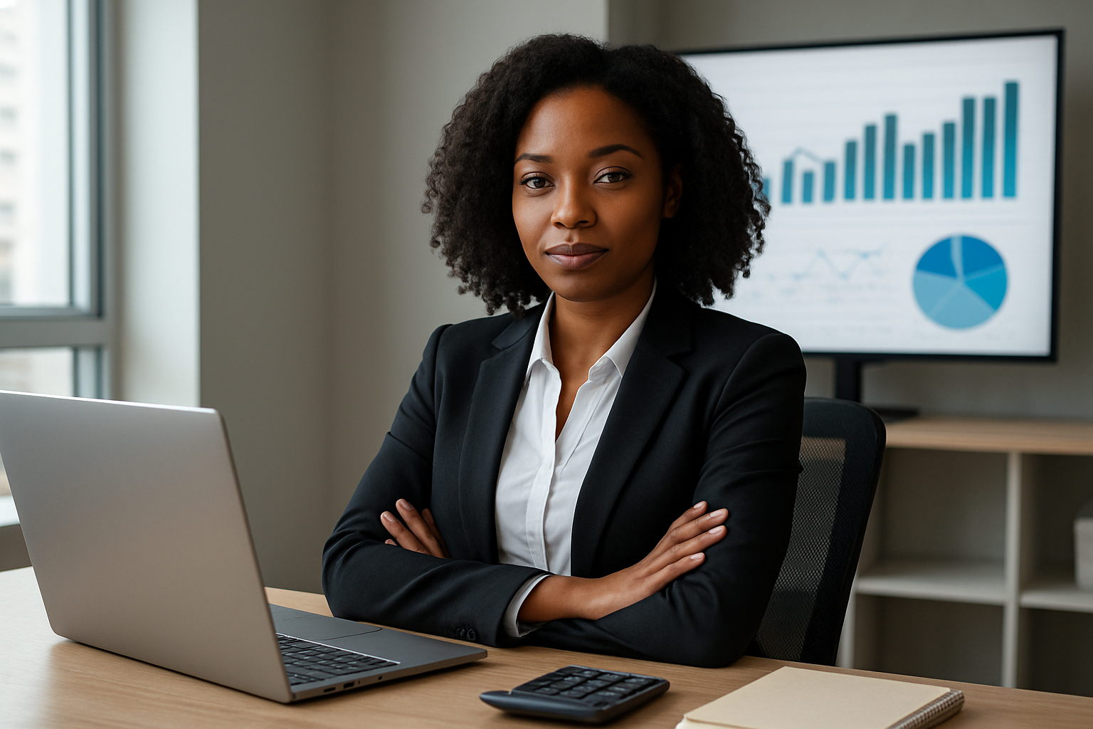 Create a realistic image of a confident black woman in business attire sitting at a modern office desk with a laptop open, financial charts and graphs displayed on a large monitor in the background, a calculator and notebook nearby, professional office environment with natural lighting from a window, empowering and focused atmosphere showing career success and financial planning, absolutely NO text should be in the scene.