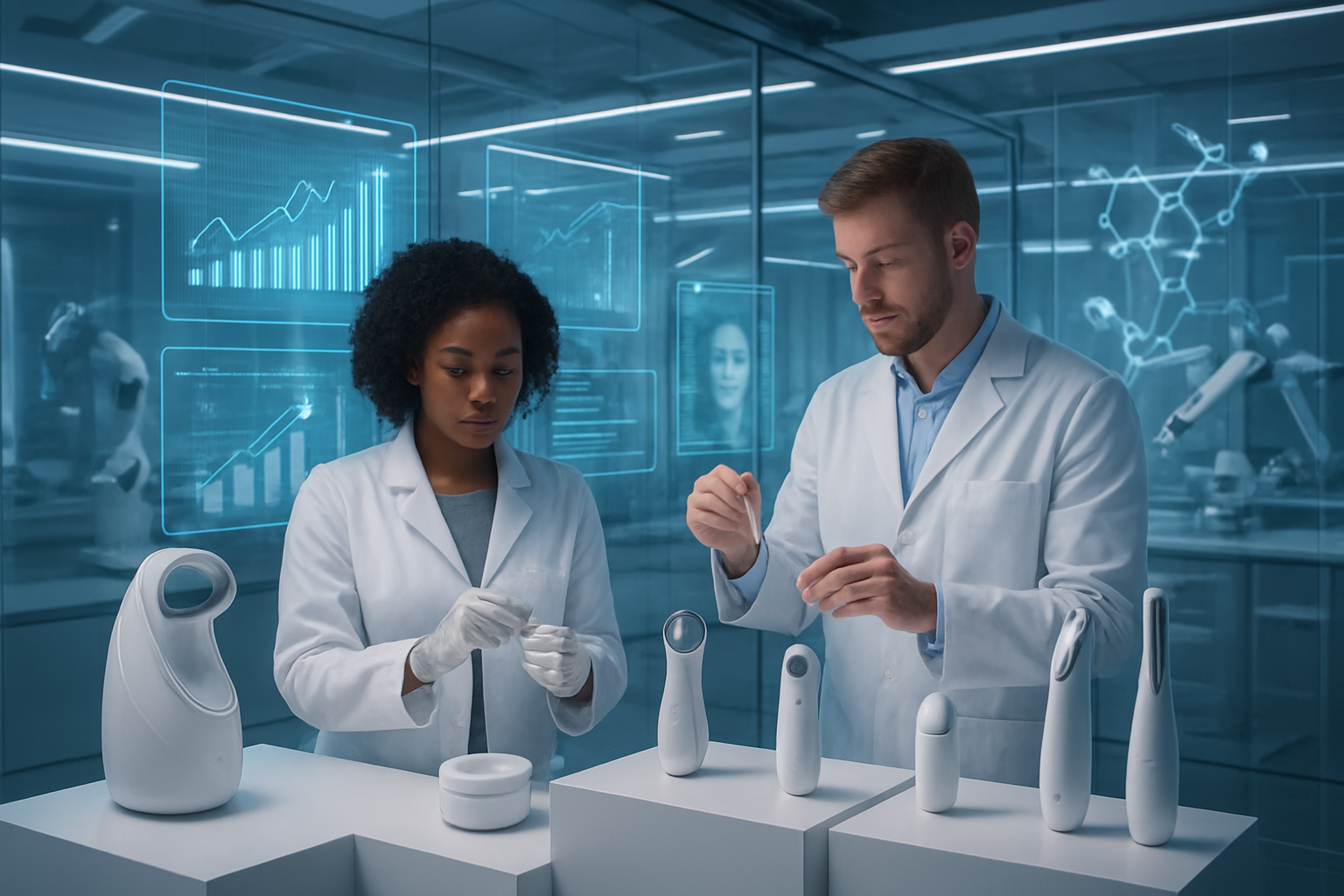 Create a realistic image of a futuristic beauty technology laboratory with holographic displays showing market growth charts and innovation timelines, featuring sleek AI-powered beauty devices on white pedestals, digital skin analysis screens floating in mid-air, a diverse group of scientists including a black female researcher and white male technician examining advanced skincare formulations, modern minimalist interior with glass walls and chrome accents, soft blue and white LED lighting creating a high-tech atmosphere, robotic arms handling beauty products in the background, and molecular structure projections illuminating the space, absolutely NO text should be in the scene.