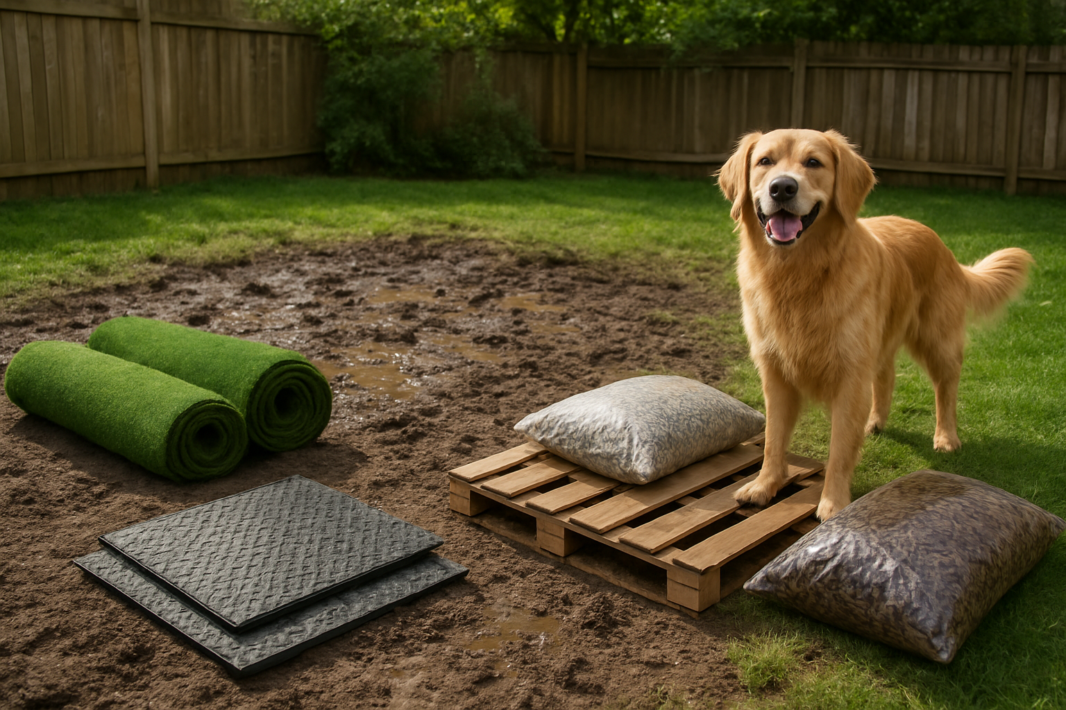 Create a realistic image of a muddy backyard with several quick-fix materials laid out for immediate mud coverage, including rolls of artificial turf, rubber mats, wooden pallets, gravel bags, and mulch scattered around the muddy patches, with a happy golden retriever dog standing nearby on cleaner ground, surrounded by green grass areas and a wooden fence in the background, bright daylight with natural outdoor lighting, absolutely NO text should be in the scene.