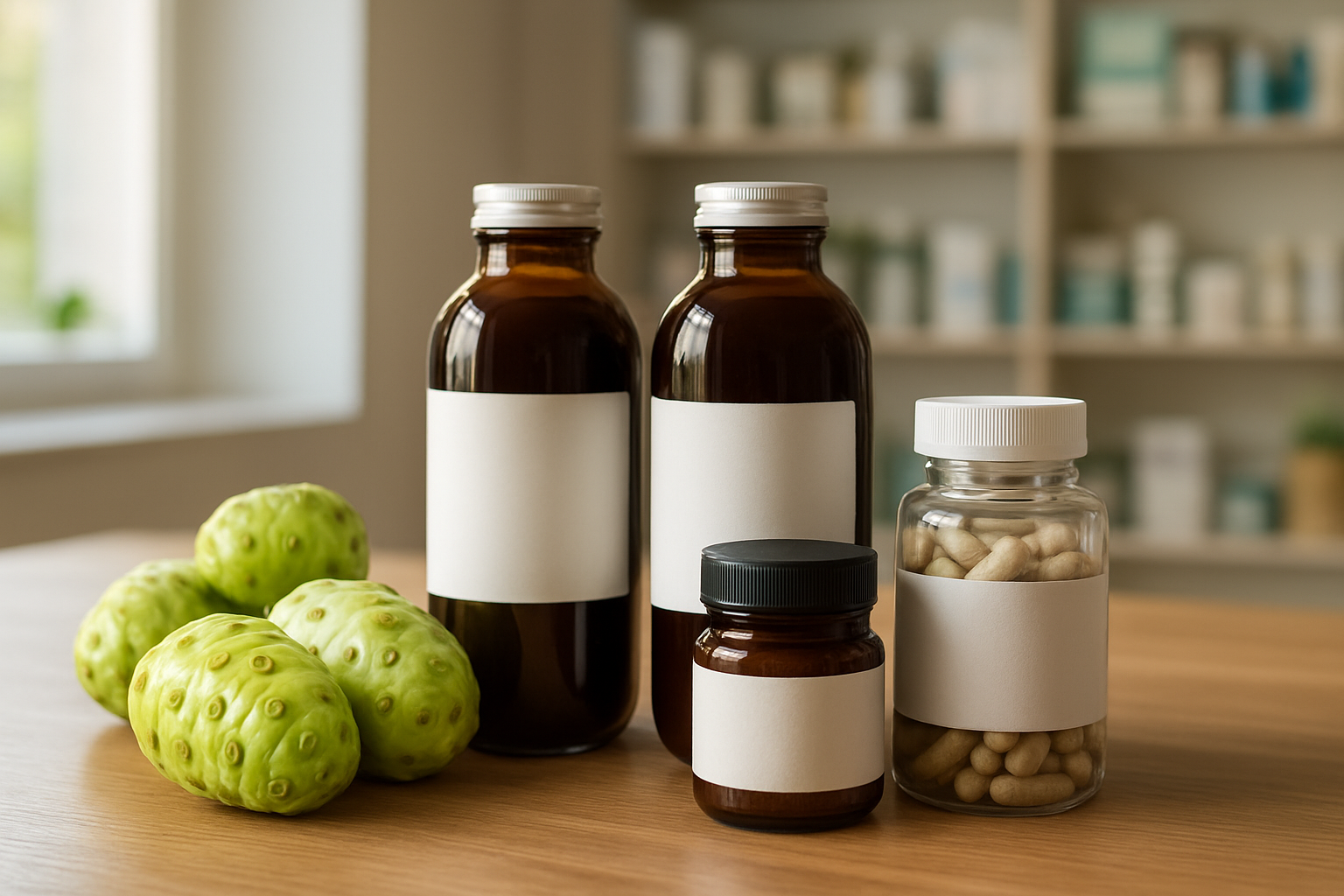 Create a realistic image of various high-quality noni products arranged on a clean wooden surface including noni juice bottles with clear labels, noni powder containers, noni capsules in transparent bottles, and fresh noni fruits displayed nearby, with soft natural lighting from a window creating gentle shadows, set in a modern health store or kitchen environment with blurred shelves of health products in the background, absolutely NO text should be in the scene.