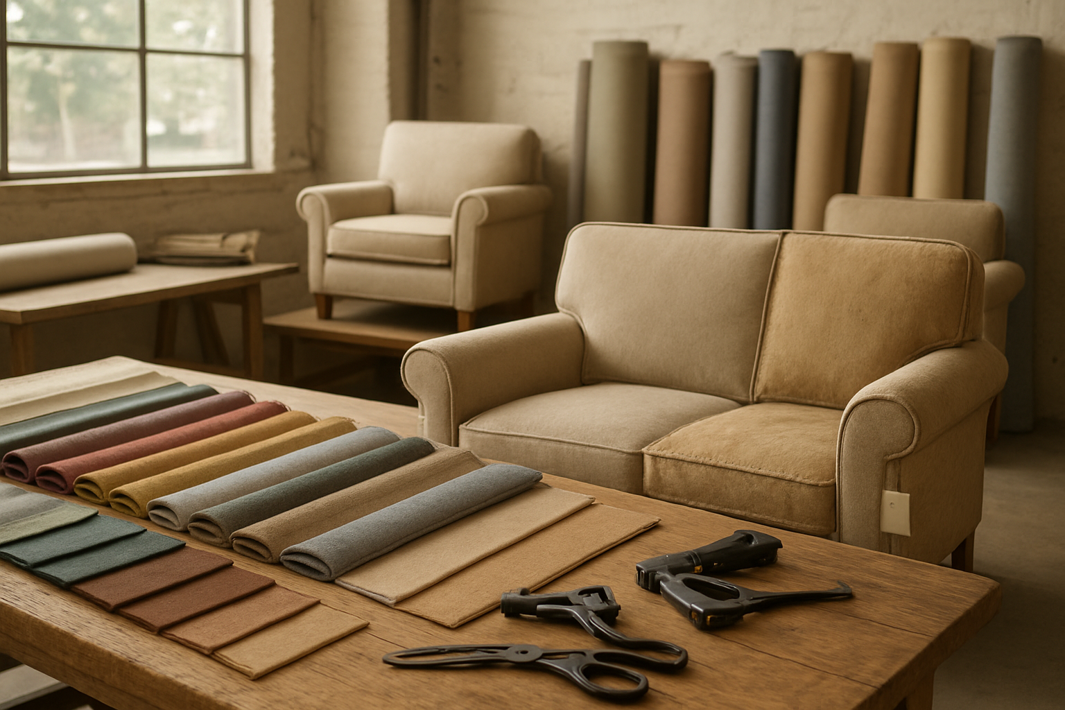 Create a realistic image of a professional upholstery workshop showing different types of furniture reupholstering services, featuring a wooden workbench with various fabric samples in different colors and textures neatly arranged, upholstery tools like staplers and scissors, a partially reupholstered sofa showing before and after sections, rolls of quality fabric in the background, warm natural lighting from large windows, clean organized workspace atmosphere, and price tags with affordable pricing displayed on completed furniture pieces. Absolutely NO text should be in the scene.