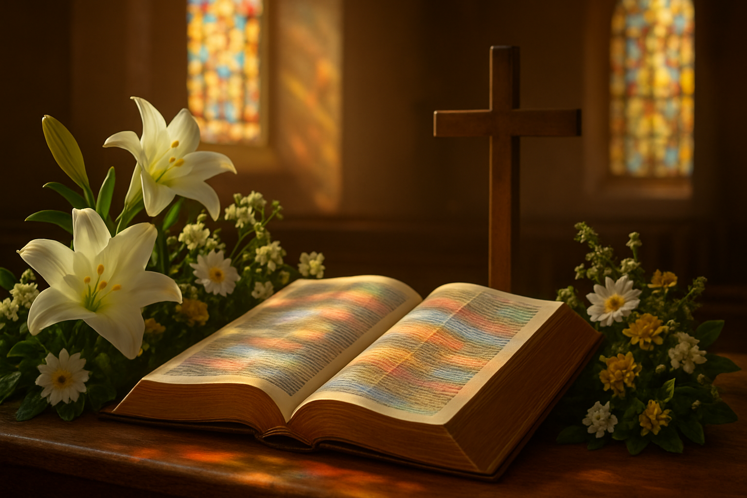 Create a realistic image of an open Bible with golden sunlight streaming through stained glass windows casting colorful light patterns across the pages, surrounded by white Easter lilies and fresh spring flowers, with a wooden cross standing prominently in the background, set in a peaceful church interior with warm morning light creating a joyful and reverent atmosphere, absolutely NO text should be in the scene.