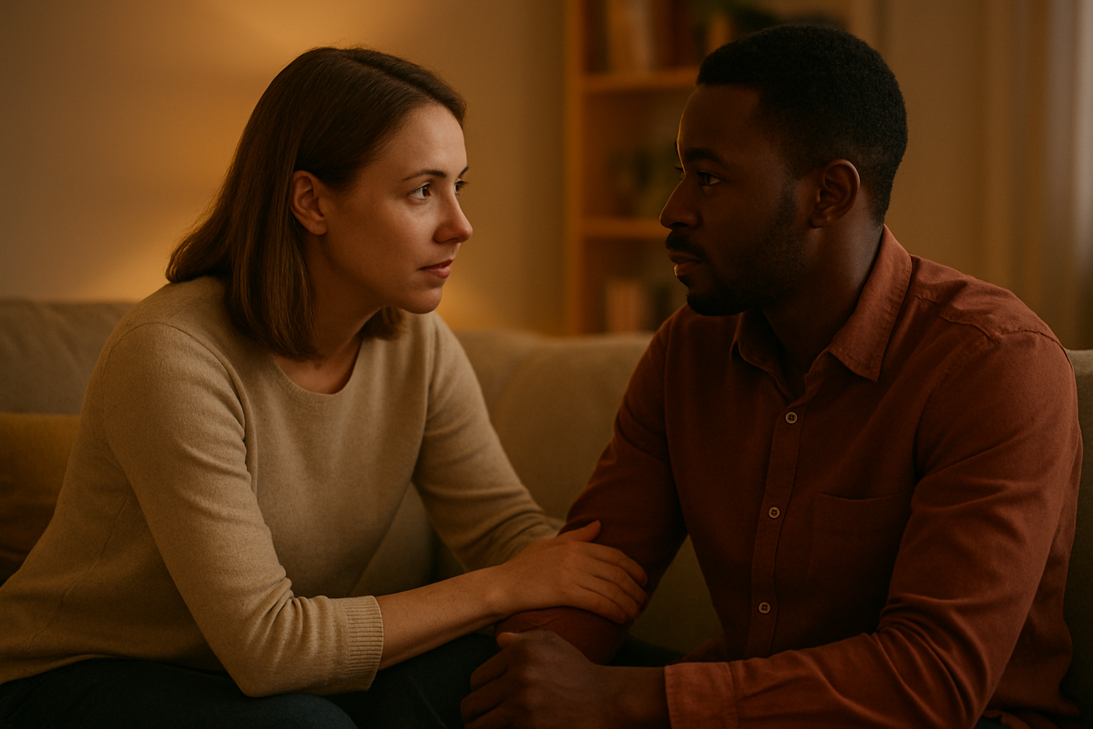 Create a realistic image of a white female and black male couple sitting close together on a comfortable beige couch in a warmly lit living room, the woman leaning forward slightly with her hand gently placed on the man's arm while maintaining direct eye contact, the man facing her with an attentive and engaged expression, soft golden lighting from a nearby lamp creating an intimate atmosphere, with blurred background showing cozy home elements like cushions and a bookshelf, capturing a moment of deep, focused conversation and emotional connection between the two people, absolutely NO text should be in the scene.